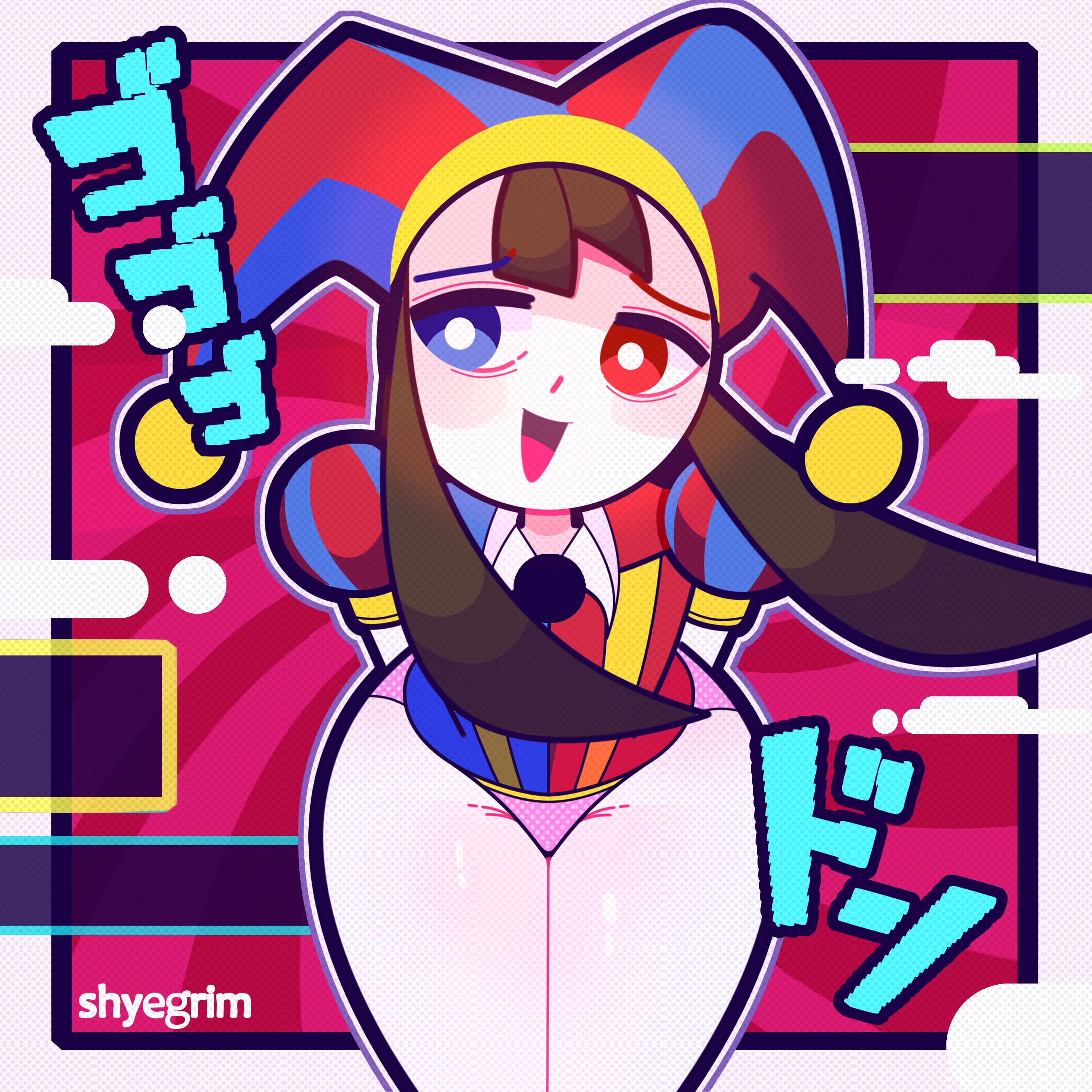 2023, 2d, 2d (artwork), 2d artwork, artist request, big thighs, brown hair, female, glitch productions, gloves, gooseworx, huge thighs, jester, jester cap, jester costume, jester girl, jester hat, jester outfit, jojo reference, looking to the side, panties, pomni (the amazing digital circus), short hair, shyegrim, smiling, the amazing digital circus, thick thighs, white body