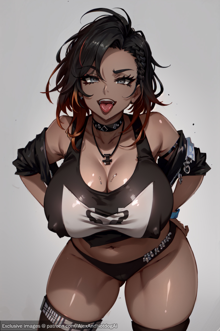 1girls ai_generated alexandhotdogai alternate_body_type alternate_skin_color bikini_bottom bitchy black_hair blackwashed braid breasts choker cleavage covered_nipples crop_top dark-skinned_female dark_skin female female_focus female_only gigantic_breasts goth goth_girl gyaru huge_breasts identity_death jacket jacket_open kuro_gyaru necklace nipple_bulge open_mouth personality_change punk punk_girl race_queen race_swap red_hair ruby_rose rwby rwby_ice_queendom silver_eyes smile taunting thighhighs thong tongue tongue_out transformation two_tone_hair underwear