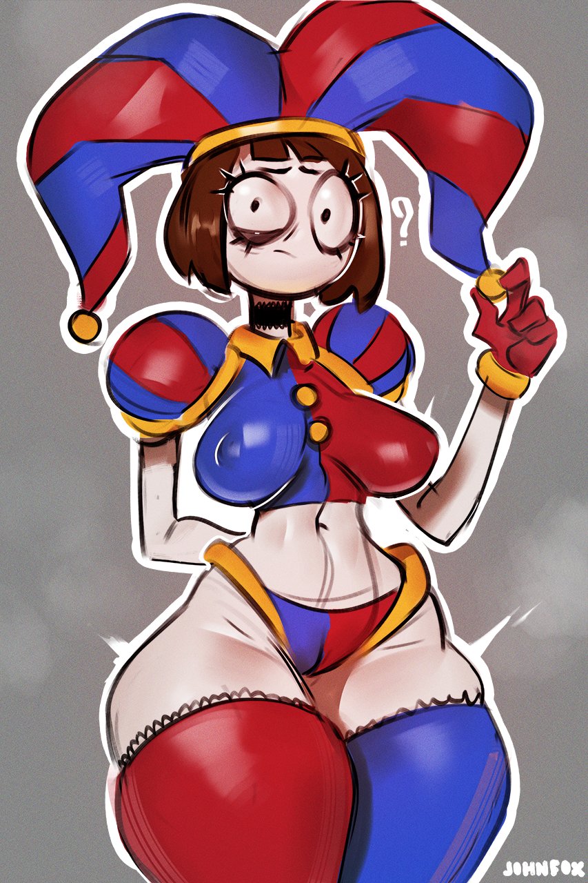 2023, 2d, 2d (artwork), 2d artwork, big thighs, breasts, brown hair, coin, confused, confused look, female, glitch productions, gloves, gooseworx, huge thighs, jester, jester cap, jester costume, jester girl, jester hat, jester outfit, johnfoxart, looking at viewer, medium breasts, nipples, nipples visible through clothing, pomni (the amazing digital circus), short hair, the amazing digital circus, thick thighs, white body