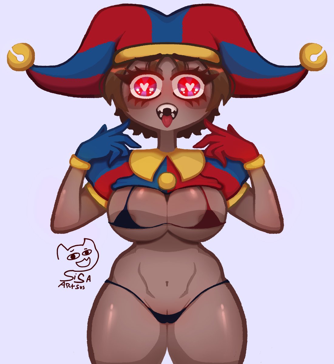 artist_request big_breasts big_thighs black_skin brown_hair cosplay crossover female gloves heart-shaped_pupils huge_breasts jester jester_cap jester_costume jester_girl jester_hat jester_outfit looking_at_viewer micro_bikini nipples oc own_character pomni_(cosplay) short_hair the_amazing_digital_circus thick_thighs tongue_out