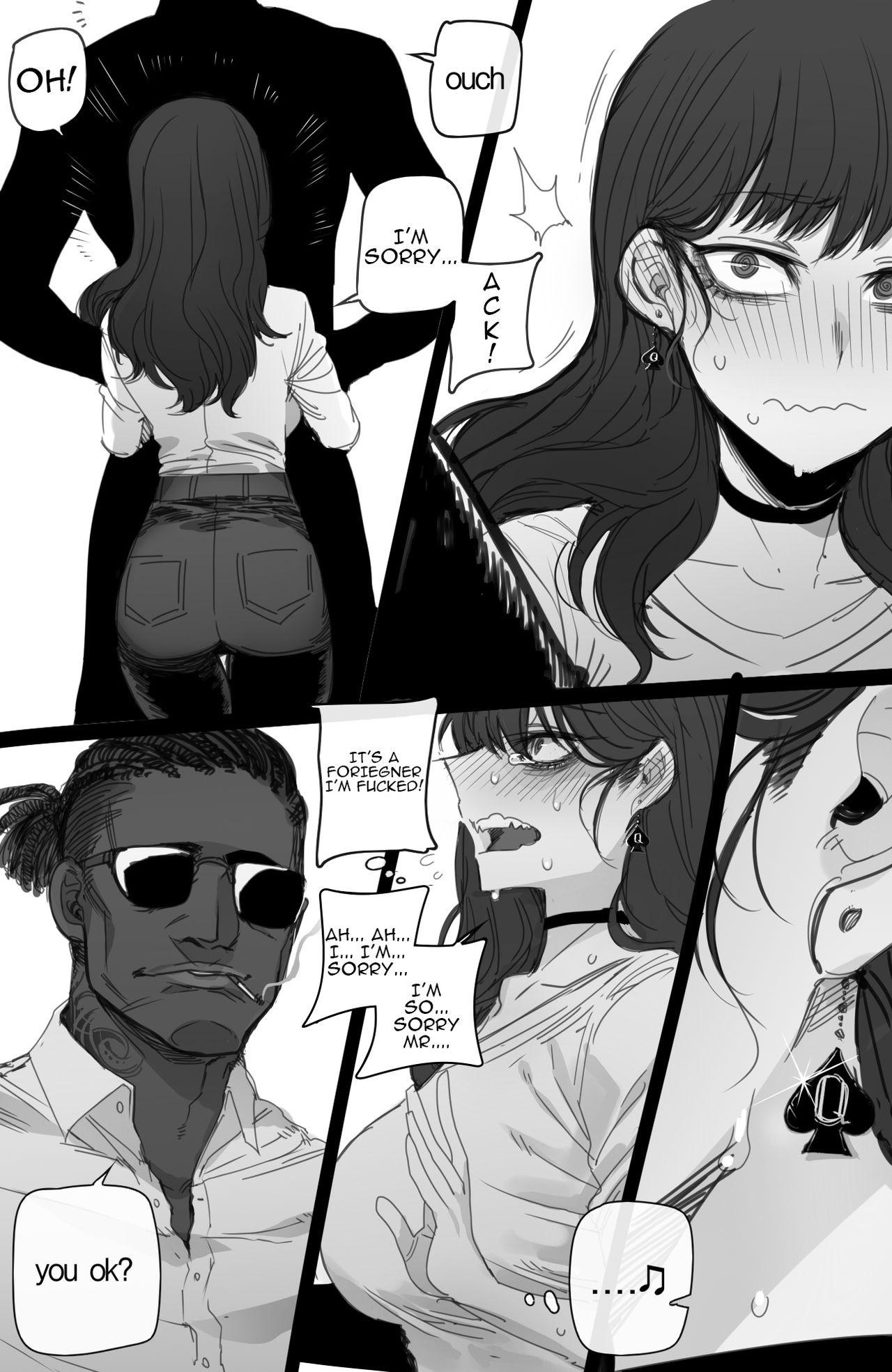 1girls, apologizing, black and white, blush, collar, comic, corruption, dark skin, dark-skinned male, dominant male, domination, earings, english, english text, female, femsub, interracial, jewelry, light skin, light-skinned female, male, mr.skull, oblivious, original, original character, original characters, pale skin, pale-skinned female, queen of spades, ratatatat74, submissive, submissive female, text