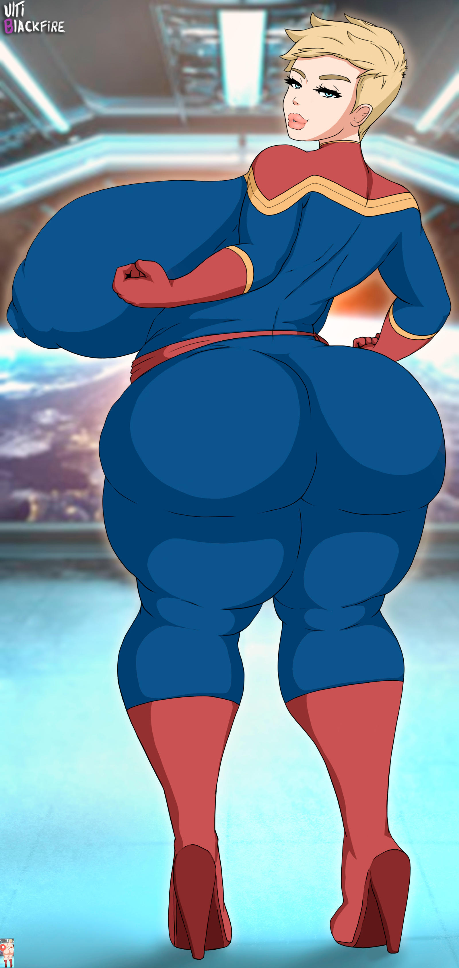 1girls, big breasts, big nipples, bimbo lips, blonde hair, blue eyes, breasts, captain marvel, carol danvers, female, female focus, female only, high heel boots, high heels, huge breasts, looking at viewer, marvel, marvel comics, short hair, solo, thick, thick thighs, ultiblackfire, voluptuous