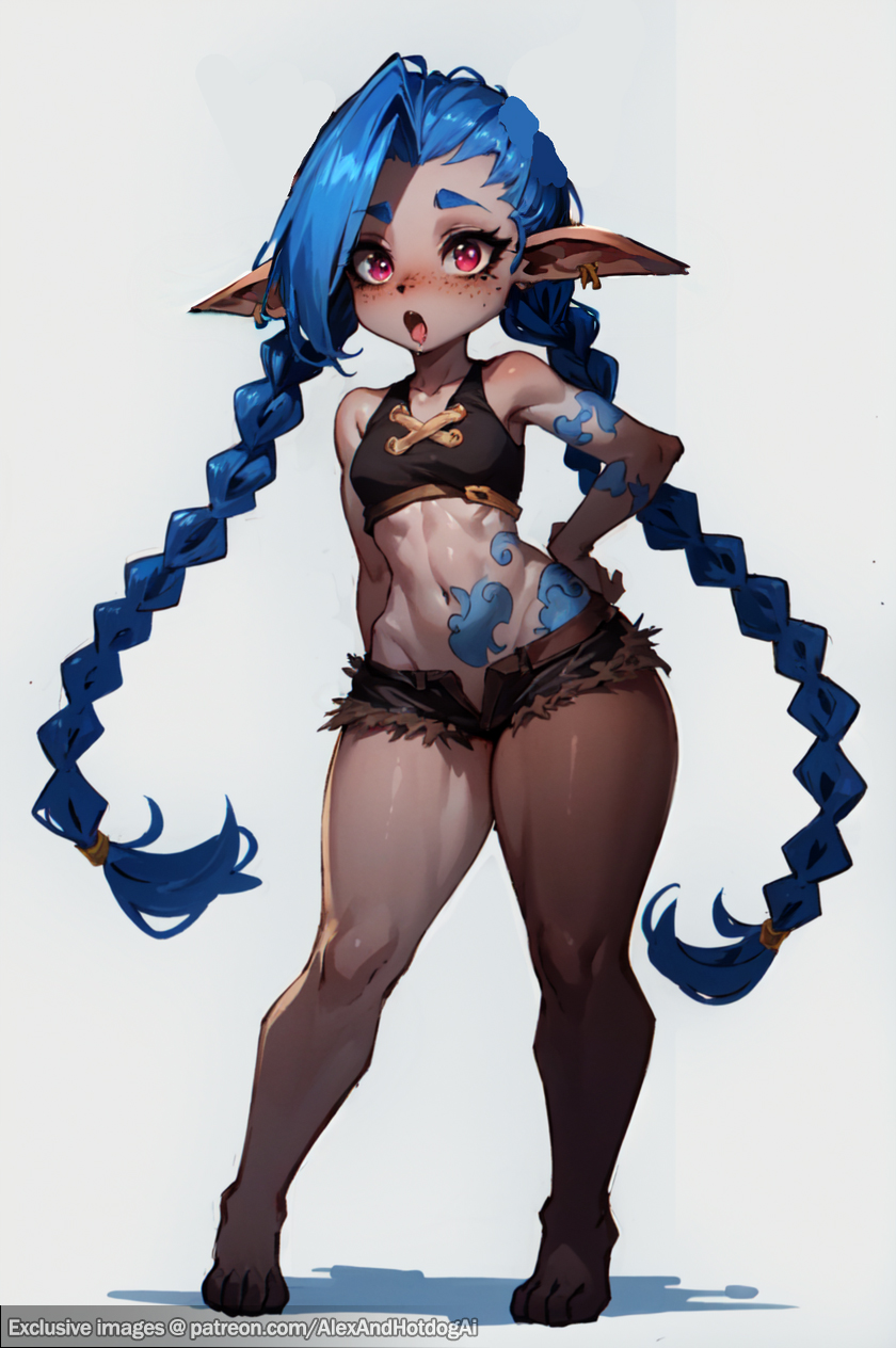 ai_generated alexandhotdogai alternate_body_type alternate_species arcane arcane_jinx asymmetrical_bangs blue_hair bottom_heavy breasts confused dark-skinned_female dark_skin female female_focus female_only flat_chest flat_chested furry hip_dips horny horny_female identity_death inviting inviting_to_sex jinx_(league_of_legends) league_of_legends open_mouth personality_change pointy_ears short_stack shortstack stable_diffusion surprised tattoo tattooed_arm tattoos thick_thighs thick_thighs_save_lives tongue transformation twintails wide_eyed wide_hips yordle yordlefied