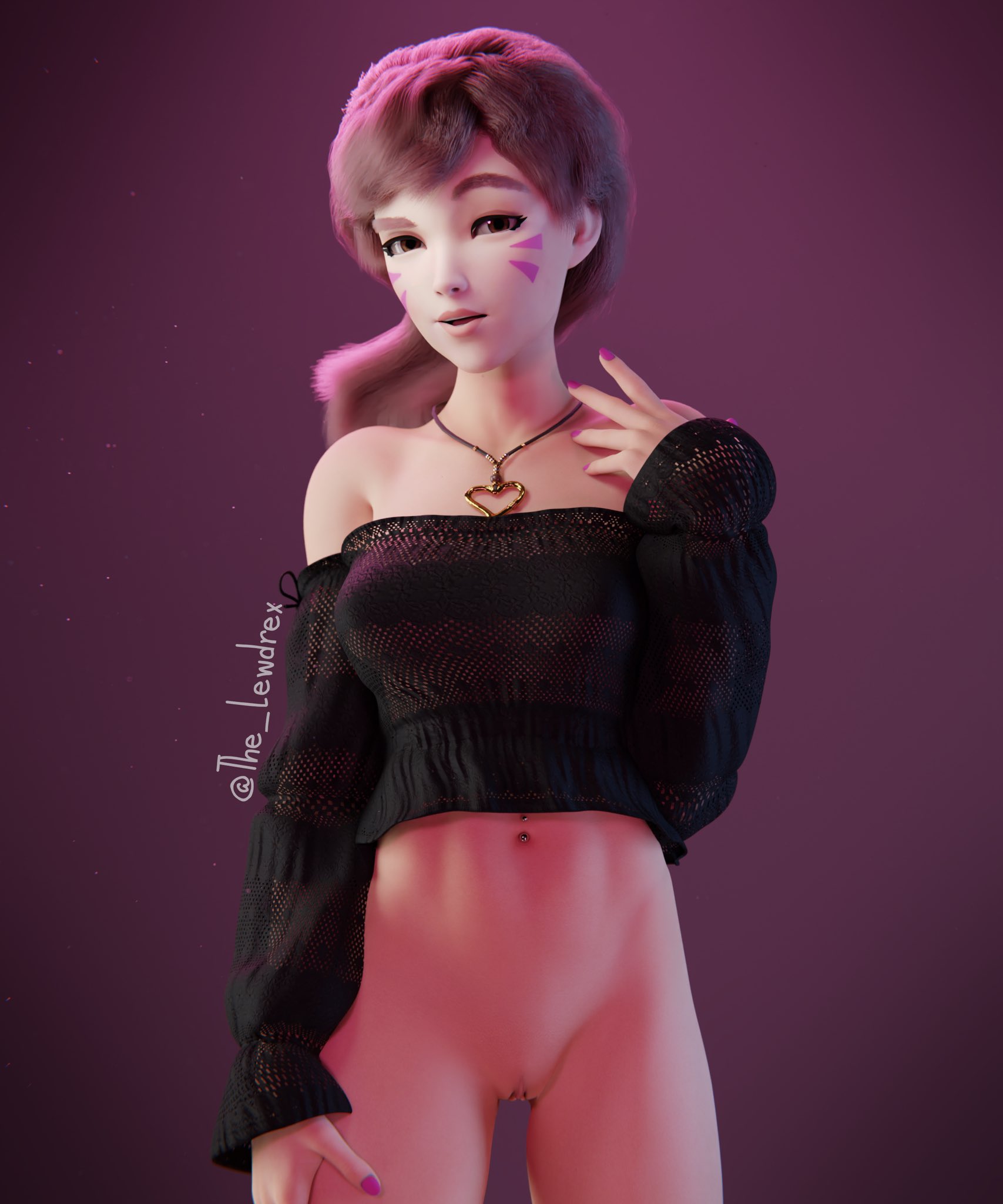 1girls, 3d, asian, asian female, blender, blizzard entertainment, bottomless, breasts, brown hair, casual, close-up, clothing, d.va, face markings, facial markings, female, half naked, half-dressed, hana song, highres, human, korean, lewdrex, long hair, looking at viewer, medium breasts, necklace, neckwear, overwatch, overwatch 2, pale skin, pose, posing, presenting, presenting pussy, pussy, pussy lips, pussy peek, see-through, see-through clothing, see-through top, simple background, smile, smiling, solo, solo focus, topless, topwear, vagina, watermark