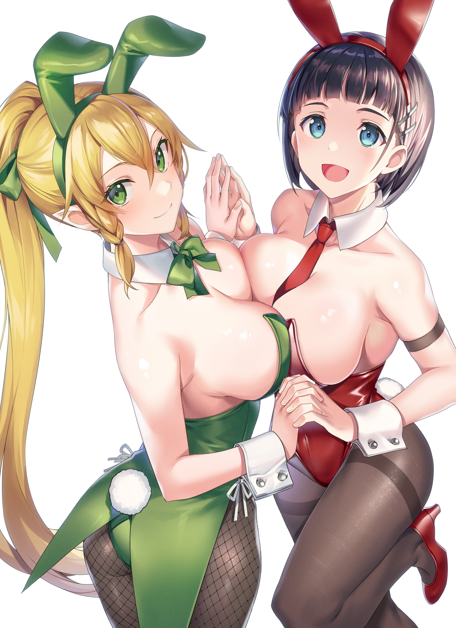 :d, 2girls, alfheim online, animal ears, aqua eyes, arm strap, ass, between breasts, black hair, black legwear, blonde hair, blue eyes, bow, bowtie, braid, breast press, breasts, bunny ears, bunny tail, bunnysuit, cleavage, detached collar, dual persona, fake animal ears, female, female focus, fishnet pantyhose, fishnets, green bow, green bowtie, green eyes, green hairband, green leotard, green ribbons, hair ornament, hair ribbon, hair tie, hairband, hairbow, hairclip, high heels, highres, holding hands, kirigaya suguha, large breasts, leafa, leg up, leotard, long hair, looking at viewer, looking to the side, mokyu, multiple females, multiple girls, necktie, necktie between breasts, open mouth, pantyhose, playboy bunny, pointy ears, ponytail, rabbit ears, rabbit tail, red footwear, red hairband, red leotard, red necktie, ribbon, selfcest, short hair, side-tie leotard, sideboob, smile, sword art online, symmetrical docking, tail, thighband pantyhose, tie, twin braids, very long hair, wrist cuffs
