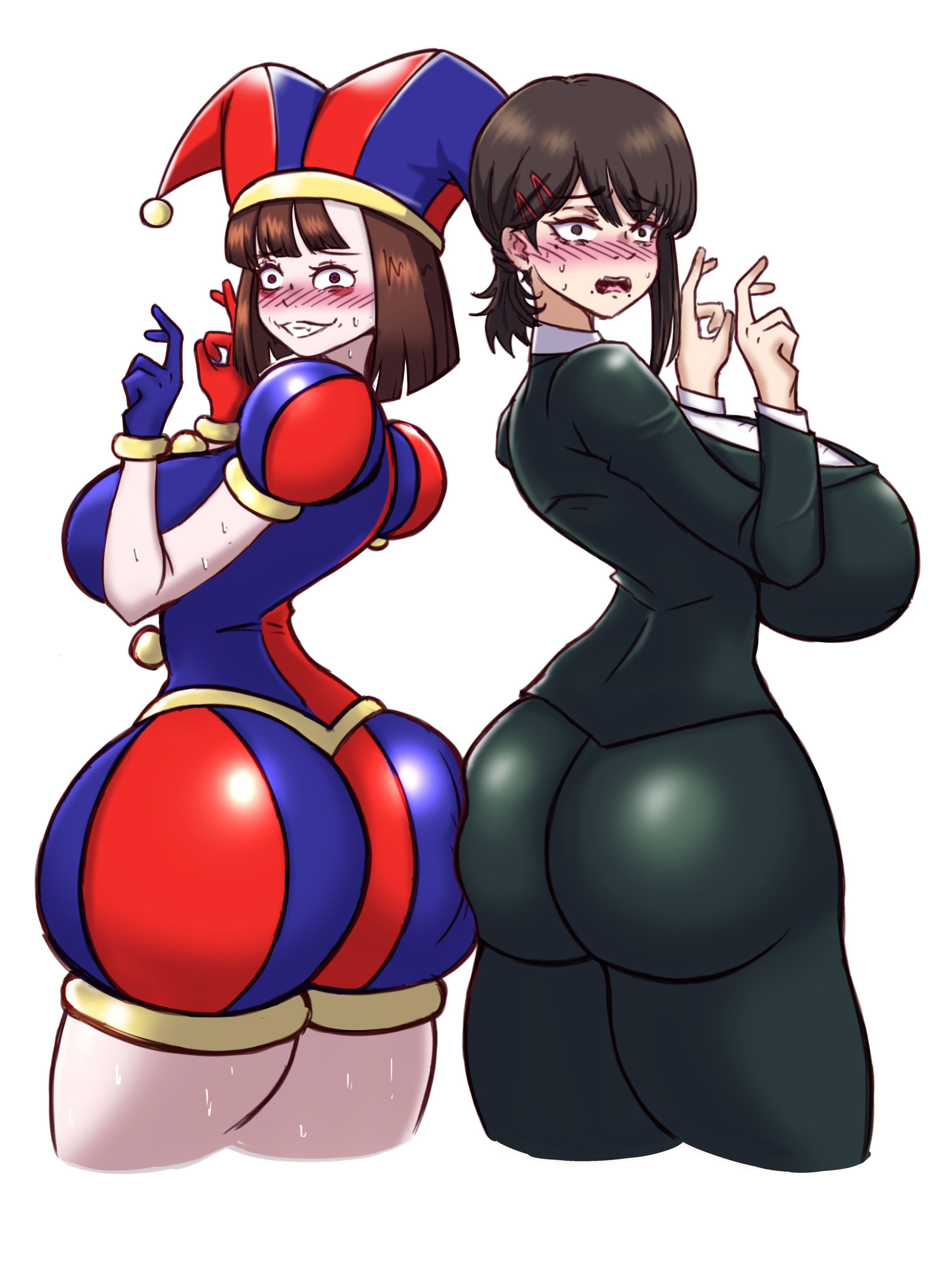 2023, 2d, 2d (artwork), 2d artwork, 2girls, alternate version available, ass, big ass, big breasts, big thighs, blush, breasts, brown hair, chainsaw man, crossover, eastern and western character, embarrassed, female, glitch productions, gloves, gooseworx, happykon, higashiyama kobeni, huge ass, huge breasts, huge thighs, jester, jester cap, jester costume, jester girl, jester hat, jester outfit, looking at viewer, multiple females, multiple girls, peace sign, pomni, pomni (the amazing digital circus), short hair, suit, sweat, sweatdrop, sweating, the amazing digital circus, thick thighs, trait connection, white body