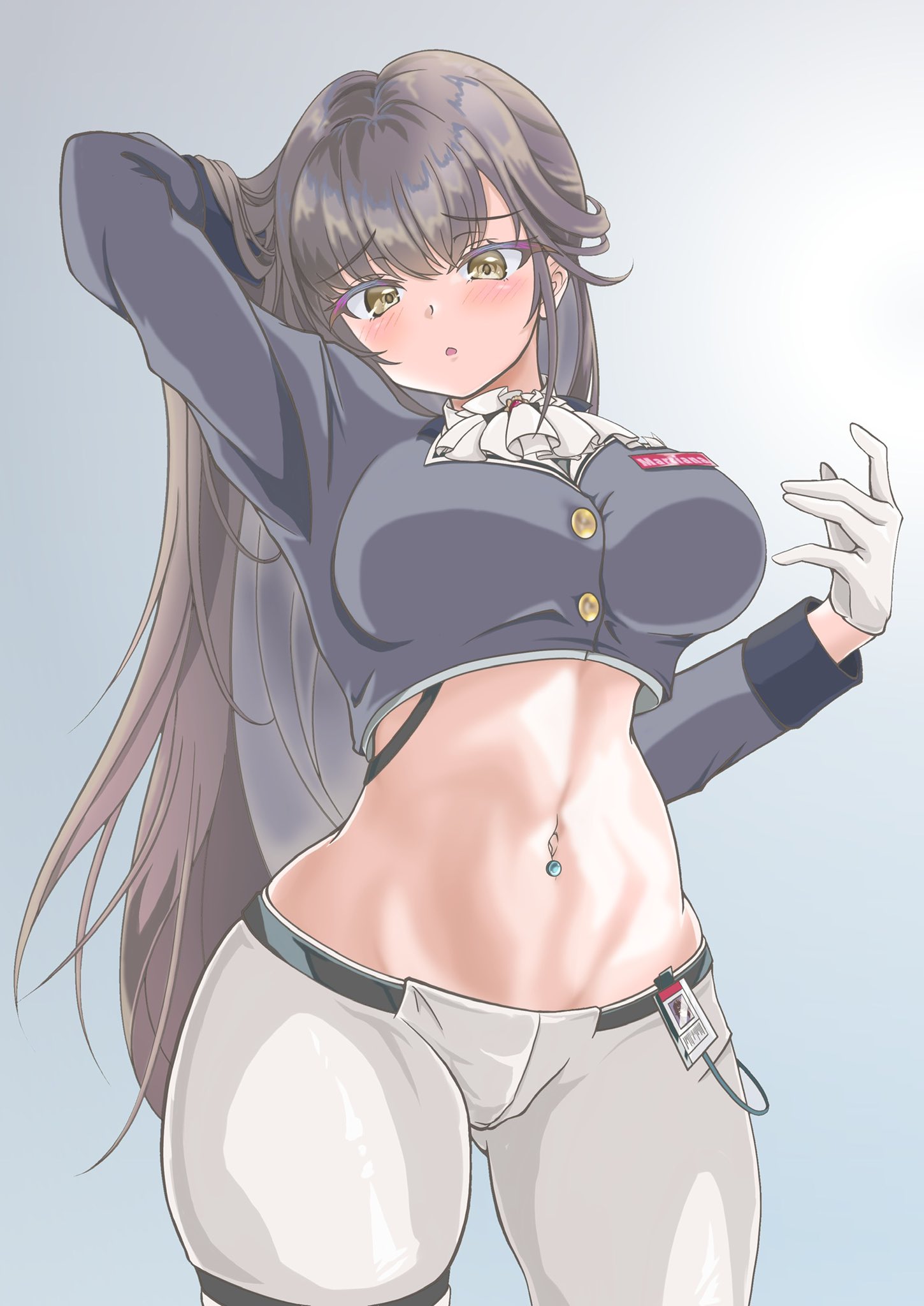 1girls, belly button, belly button piercing, black hair, blush, breasts, clothed, clothing, eyebrows visible through hair, female, female only, glove, goddess of victory: nikke, huge breasts, light skin, light-skinned female, looking at viewer, malia (wildcatmalia), marciana (nikke), piercing, solo, white glove, yellow eyes