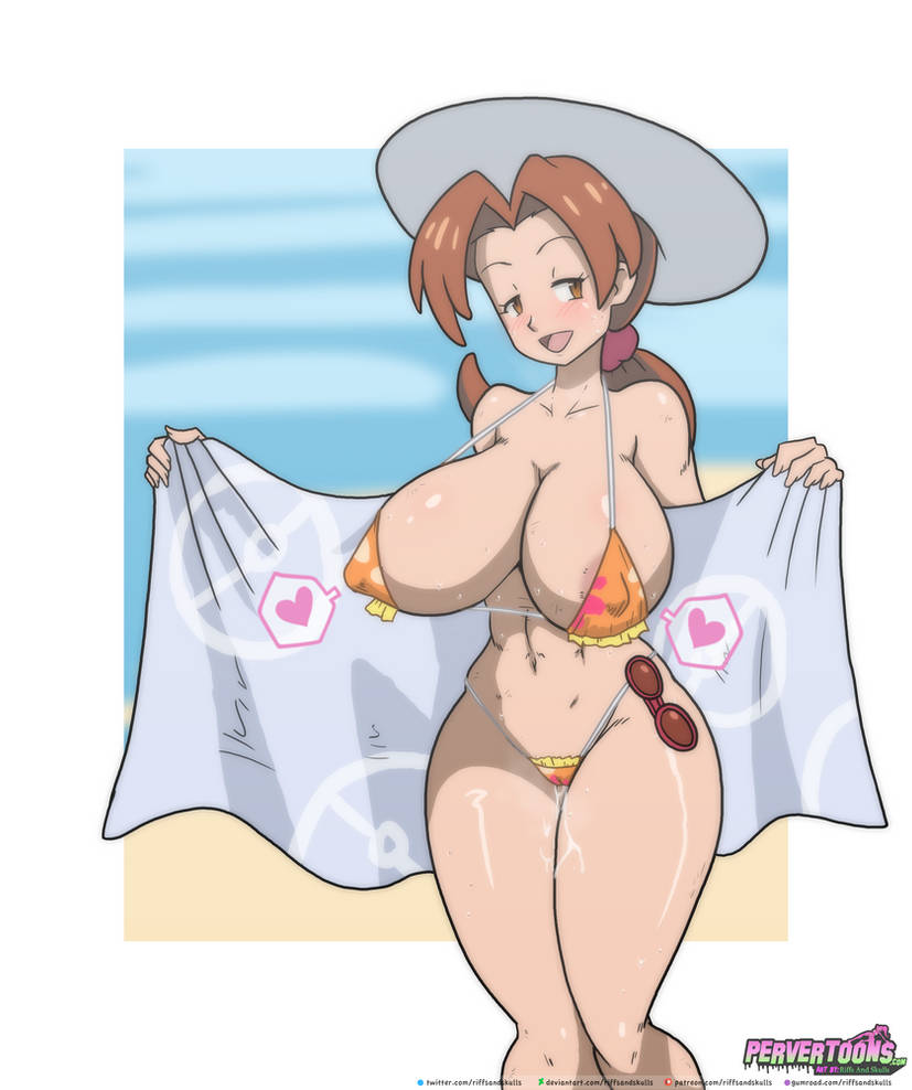 alternate_breast_size bare_arms bare_legs bare_midriff bare_shoulders bare_thighs belly_button big_breasts bikini bikini_bottom bikini_top blush blush_lines brown_eyes brown_hair cleavage delia_ketchum_(pokemon) hat heart huge_breasts inner_sideboob long_hair long_ponytail midriff milf navel nipple_bulge open_mouth orange_bikini orange_bikini_bottom orange_bikini_top overboob pokemon pokemon_anime ponytail red_sunglasses riffsandskulls sideboob sunglasses sunglasses_on_hip sunhat sweat sweatdrop sweating thick_thighs towel towel_open underboob wet_pussy white_hat