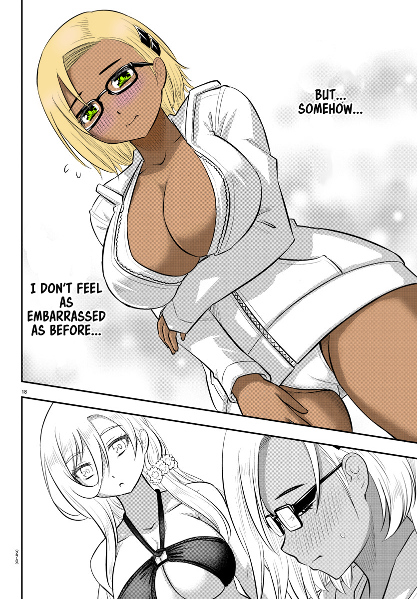 2girls big_breasts bikini blonde_hair blush breasts clothed clothing color_edit colored edit english_text female_focus female_only glasses green_eyes hi_res inukai_koharu kuzuryuu_hanako light-skinned_female light_skin looking_at_viewer meep_flow official_art page_18 revealing_clothes simple_background sogabe_toshinori tan tan-skinned_female tan_body tanned tanned_female text third-party_edit yankee_jk_kuzuhana_chan