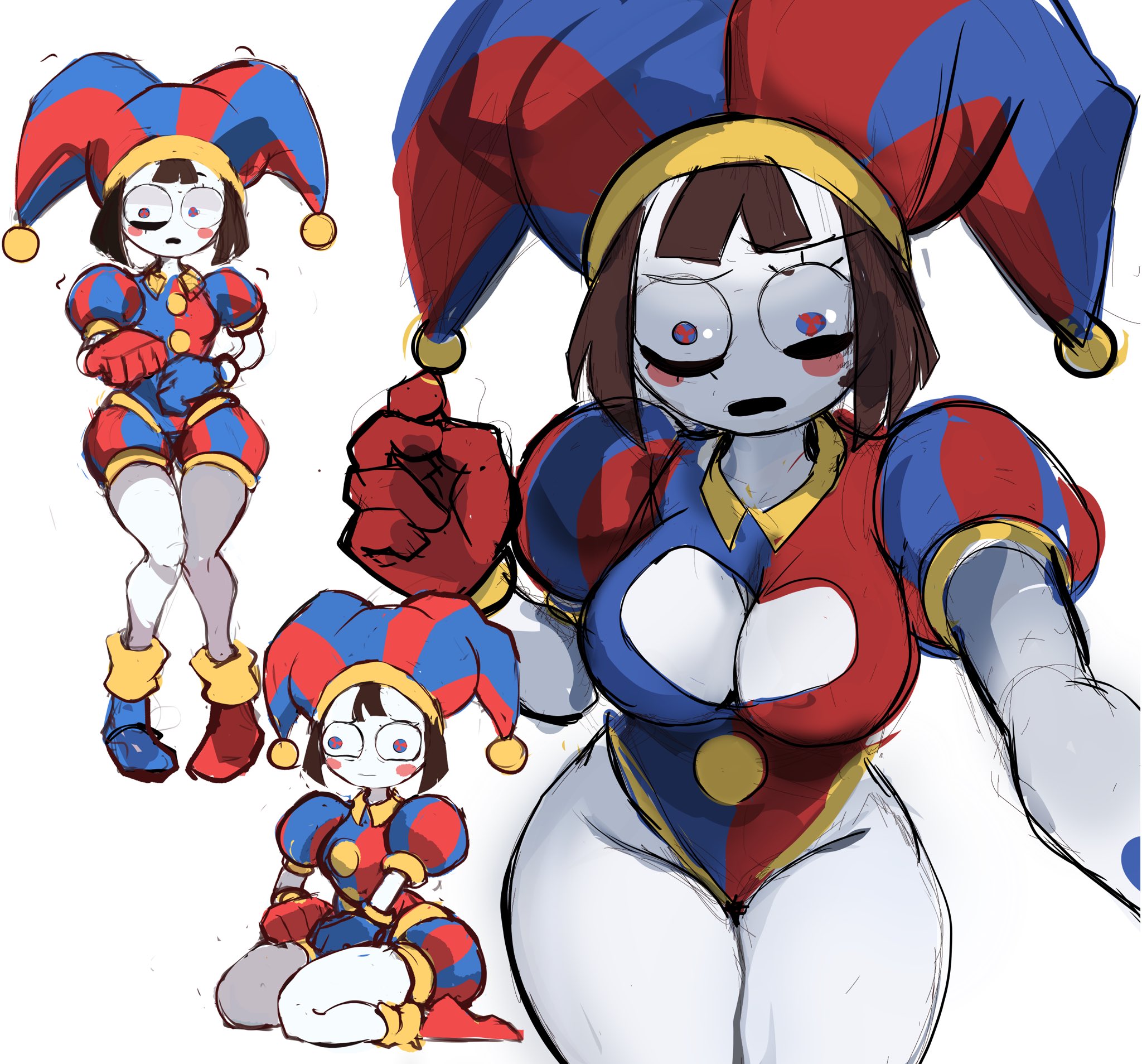 1girls, 2023, 2d, 2d (artwork), 2d artwork, artist request, ass, big breasts, big thighs, boob window, breasts, brown hair, female, glitch productions, gloves, gooseworx, jester, jester cap, jester costume, jester girl, jester hat, jester outfit, legs, looking at viewer, open mouth, pomni (the amazing digital circus), rakeemspoon, short hair, sweat, swimsuit, the amazing digital circus, thick thighs, thighs, white body