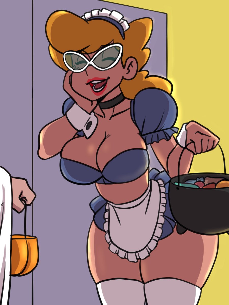 1girls, blonde hair, chip 'n dale rescue rangers, closed eyes, costume, darkeros13, disney, female, female focus, french maid, glasses, halloween, hand on face, jeremy's mother, light skin, light-skinned female, maid outfit, maid uniform, mature female, milf, mother, offscreen character, solo focus
