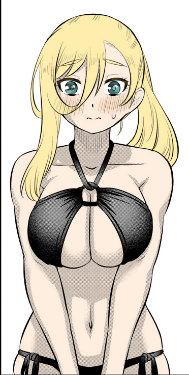 1girls big_breasts bikini blonde_hair breasts cleavage clothed clothing color_edit colored edit female_focus female_only green_eyes hi_res kuzuryuu_hanako light-skinned_female light_skin long_hair looking_at_viewer meep_flow navel official_art pose revealing_clothes side-tie_bikini simple_background sogabe_toshinori solo third-party_edit underboob white_background yankee_jk_kuzuhana_chan