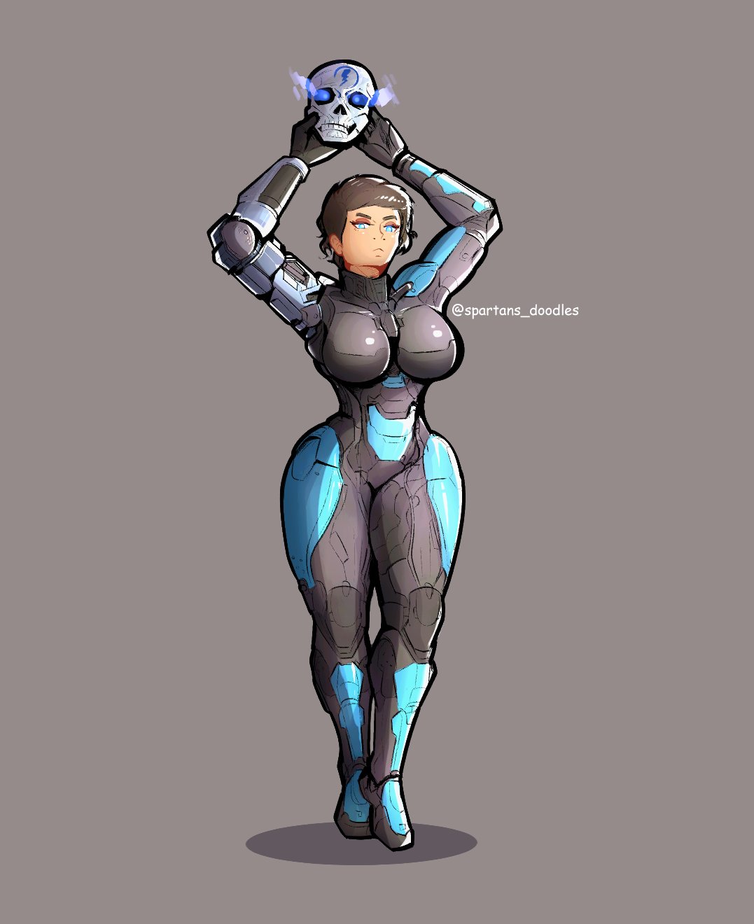 1girls 2d_(artwork) armor blue_eyes breasts brown_hair catherine-b320 female_spartan_(halo) gray_background halo_(series) halo_reach hips holding_object kat-b320 large_breasts mechanical_arm medium_hair power_armor prosthetic_arm simple_background spartan_(halo) spartan_iii_(halo) spartandoodles thick_thighs thighs wide_hips