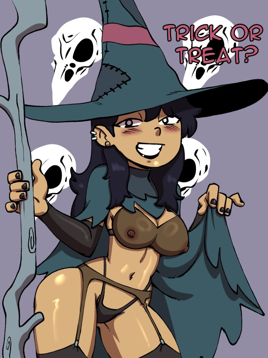 amphibia, amphibia (finale), asian female, big breasts, black hair, breasts, costume, darkeros13, disney, disney channel, ear piercing, female, female focus, female only, garter belt, garter straps, halloween, light skin, light-skinned female, long hair, looking at viewer, marcy wu, nipples visible through clothing, piercing, taiwanese, translucent clothing, witch costume, witch hat