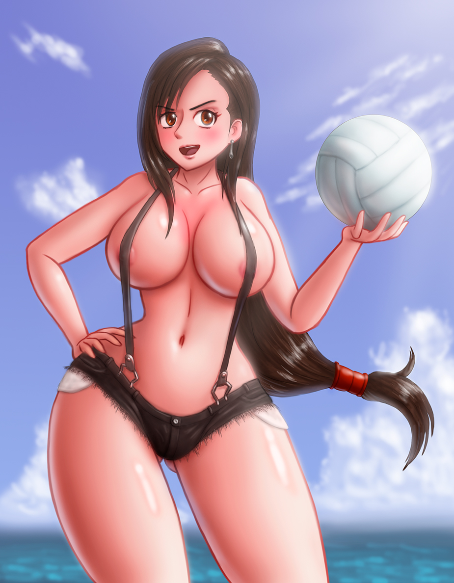 1girls alternate_version_available areola_slip areolae big_breasts black_hair black_shorts blush bottomwear breasts brown_eyes cleavage ear_piercing earrings female female_only final_fantasy final_fantasy_vii hair hand_on_hip hips huge_breasts long_hair saf-404 safartwoks safartworks short_shorts shorts solo solo_female square_enix suspenders thighs tifa_lockhart topless volleyball wide_hips