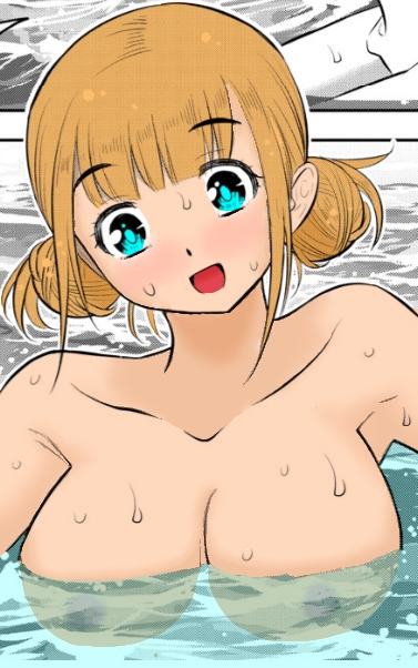 1girls accidental_exposure areolae big_breasts blonde_hair blue_eyes blush breasts cleavage color_edit colored edit female_focus female_only hi_res light-skinned_female light_skin meep_flow nipples official_art simple_background sogabe_toshinori solo swimming third-party_edit wardrobe_malfunction yankee_jk_kuzuhana_chan yuna_ushigome