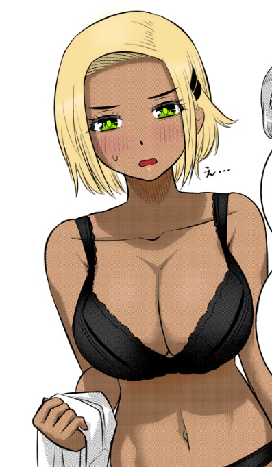 1girls big_breasts blonde_hair blush breasts cleavage clothed clothing color_edit colored edit female_focus female_only green_eyes hi_res inukai_koharu looking_at_viewer medium_hair meep_flow navel official_art open_mouth revealing_clothes simple_background sogabe_toshinori solo tan tan-skinned_female tan_body tanned tanned_female third-party_edit underwear yankee_jk_kuzuhana_chan