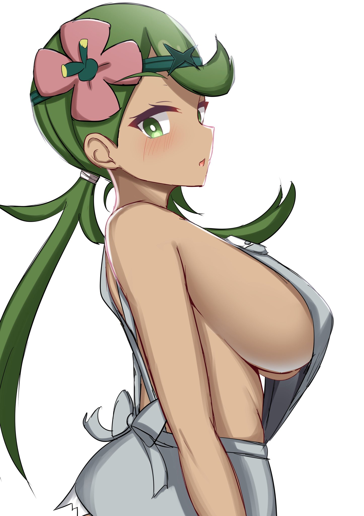 1girls, big breasts, blush, breast focus, breasts, clothing, female, female only, game freak, green eyes, green hair, hair, hair ornament, huge breasts, makochan42, mallow (pokemon), nintendo, nothing under overalls, overalls, overalls only, pokemon, pokemon sm, side view, sideboob, solo, solo female, twintails