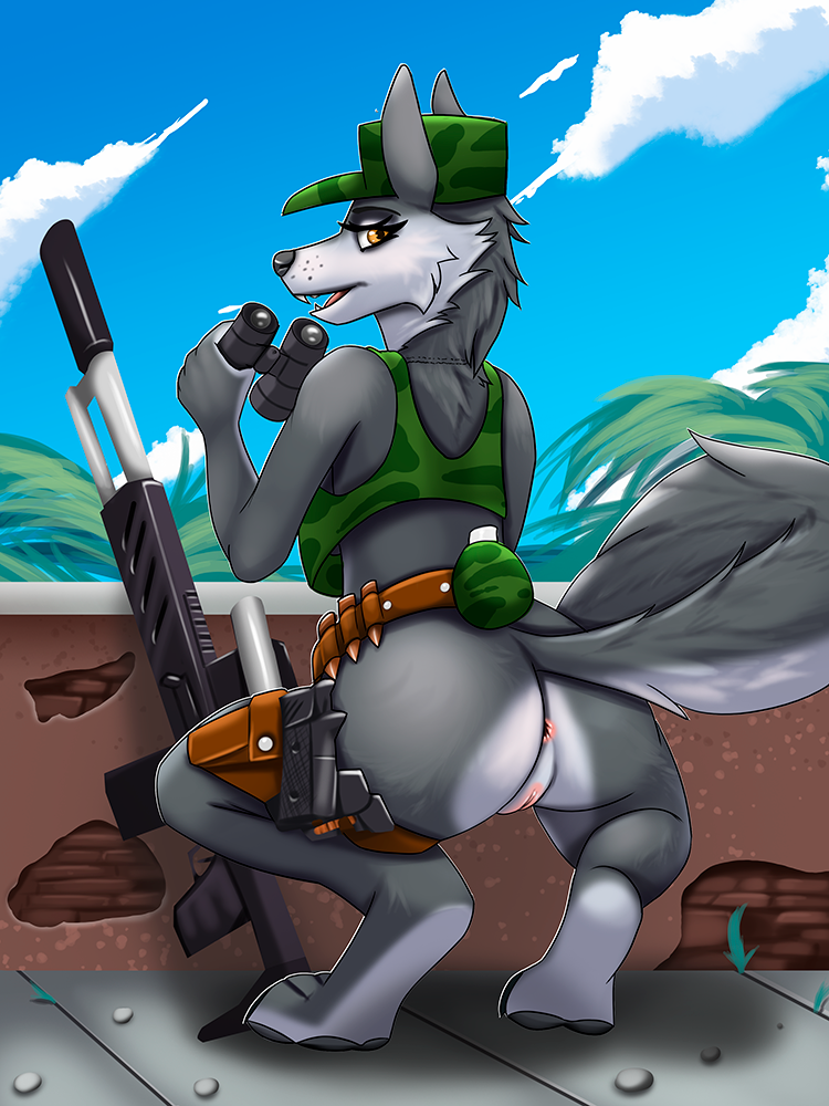 anthro anus ass binoculars bullet canid canine canis clothed clothing digital_media_(artwork) explosives female fur genitals grenade gun hair handgun illumination_entertainment looking_at_viewer mammal nude oldoldman plantigrade porsha_crystal pussy ranged_weapon rifle simple_background sing_(movie) sniper sniper_rifle solo tail weapon white_body wolf yellow_eyes