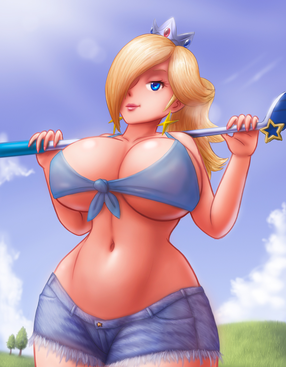 1girls alternate_costume alternate_version_available big_breasts blonde_hair blue_crop_top blue_eyes blue_shorts bottomwear breasts cleavage crop_top crown ear_piercing earrings female female_only golf_club hair hair_over_one_eye headwear huge_breasts large_breasts lips mario_(series) mario_golf nintendo ponytail princess_rosalina saf-404 safartwoks safartworks short_shorts shorts solo solo_female topwear voluptuous