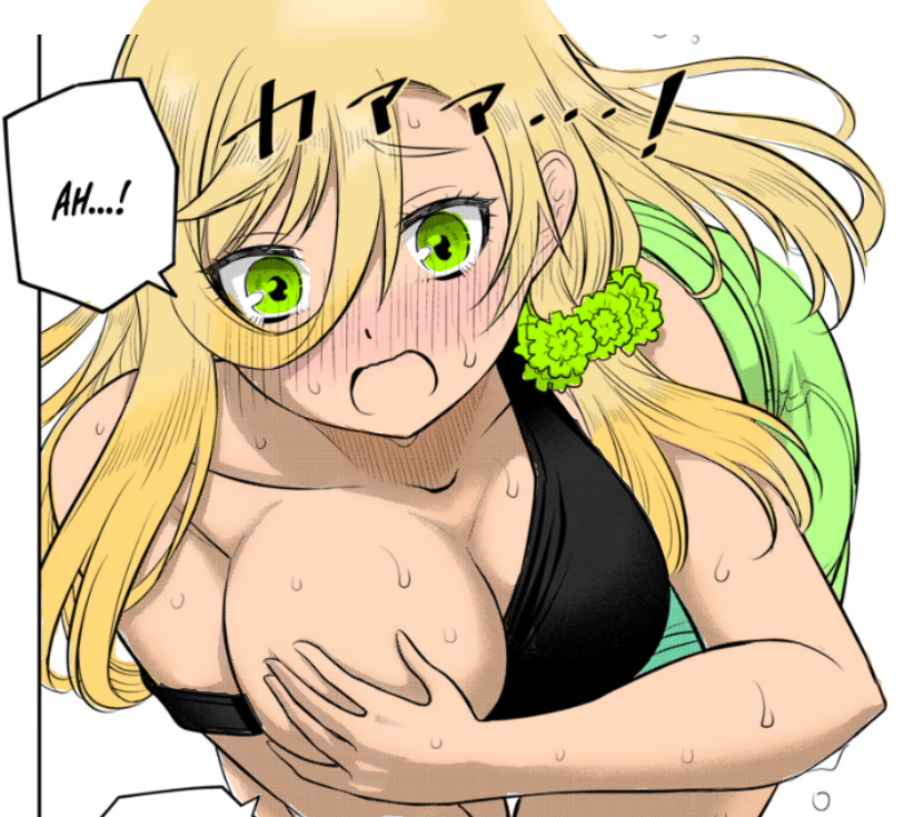 1girls accidental_exposure big_breasts blonde_hair blush breasts clothed clothing color_edit colored edit english_text female_focus female_only green_eyes hi_res kuzuryuu_hanako light-skinned_female light_skin long_hair meep_flow official_art open_mouth revealing_clothes simple_background sogabe_toshinori solo sweat text third-party_edit wardrobe_malfunction yankee_jk_kuzuhana_chan