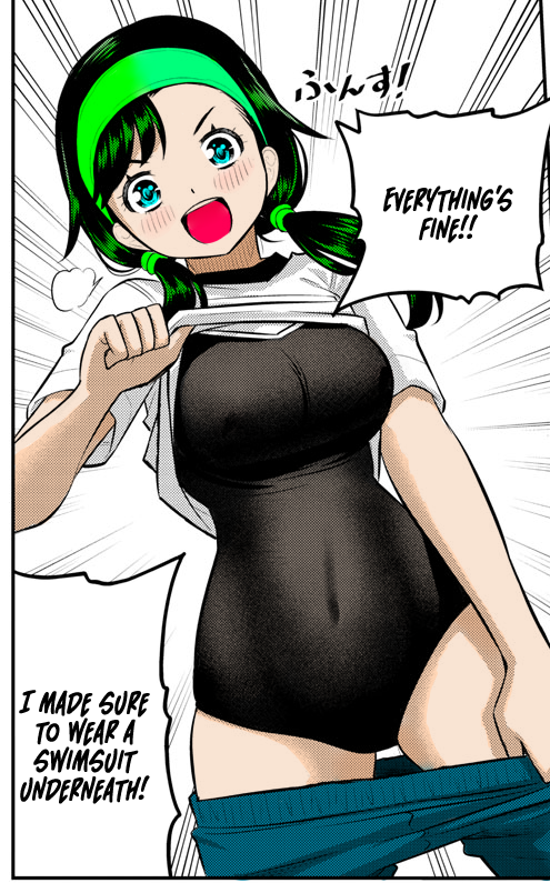 1girls big_breasts blue_eyes blush breasts clothed clothing color_edit colored edit english_text female_focus female_only green_hair hi_res light-skinned_female light_skin looking_at_viewer meep_flow navel official_art open_mouth revealing_clothes simple_background sogabe_toshinori solo swimsuit text third-party_edit undressing usagi_kanae yankee_jk_kuzuhana_chan