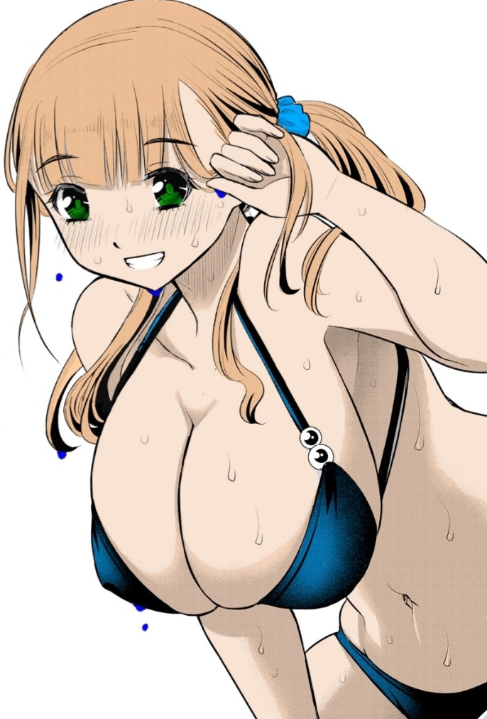 1girls big_breasts bikini breasts brown_hair cleavage clothed clothing color_edit colored edit female_focus female_only green_eyes hi_res light-skinned_female light_skin looking_at_viewer meep_flow navel official_art revealing_clothes simple_background smile sogabe_toshinori solo third-party_edit yankee_jk_kuzuhana_chan yuna_ushigome