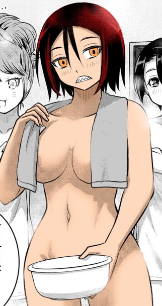 3girls areolae big_breasts black_hair blush breasts brown_eyes color_edit colored convenient_censoring edit female_focus female_only hi_res light-skinned_female light_skin looking_at_viewer medium_hair meep_flow moe_nekomiya navel nipples nude official_art red_hair sakurako_itachi sharp_teeth simple_background sogabe_toshinori third-party_edit yankee_jk_kuzuhana_chan