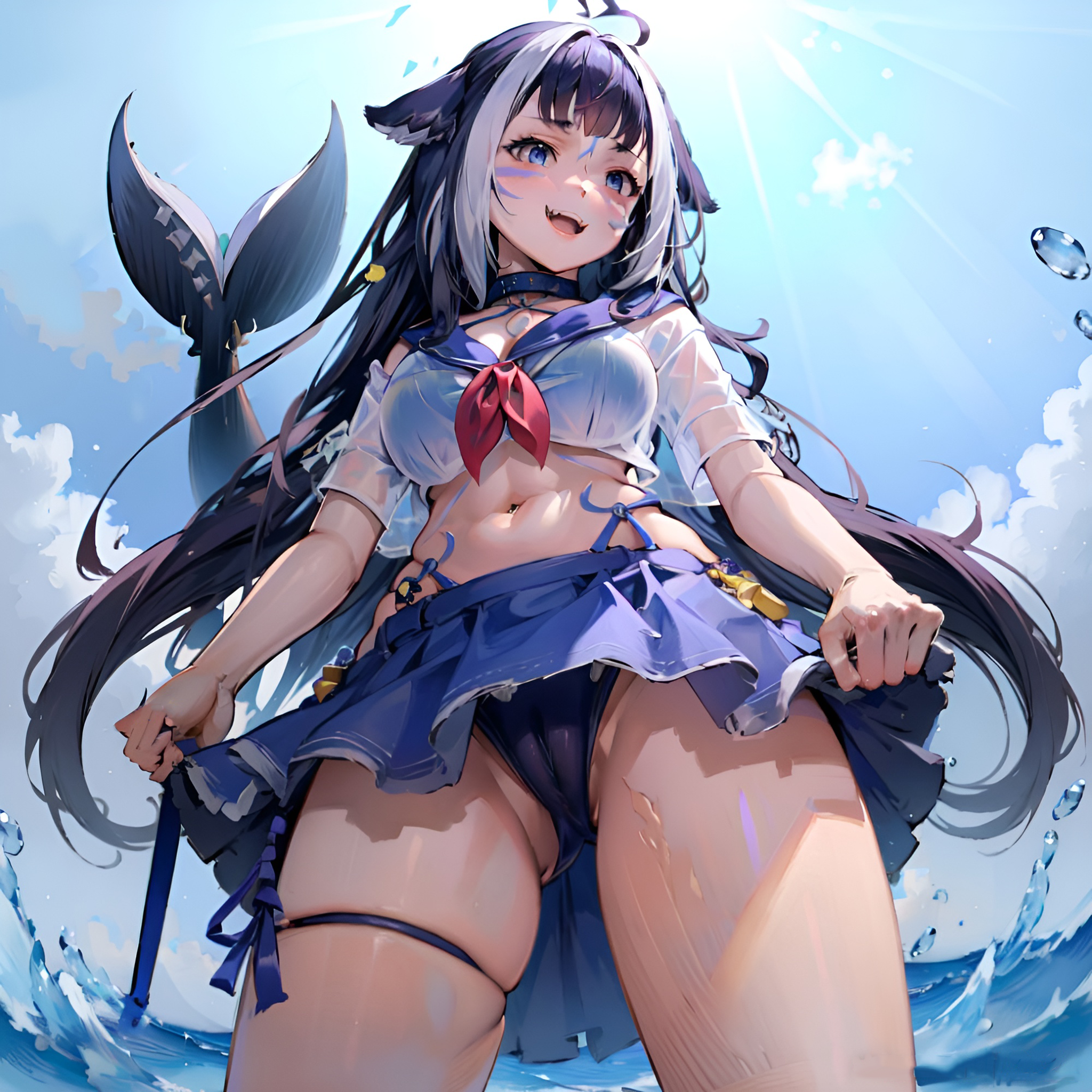 1girls, ahoge, ai generated, ass visible through thighs, bikini under clothes, breasts, cameltoe, cetacean, choker, cowboy shot, djdjdjdj, fangs, female, from below, hi res, indie virtual youtuber, large breasts, long hair, multicolored hair, purple eyes, purple hair, pussy, school uniform, shylily, skirt, skirt lift, stable diffusion, thigh strap, upskirt, virtual youtuber, water