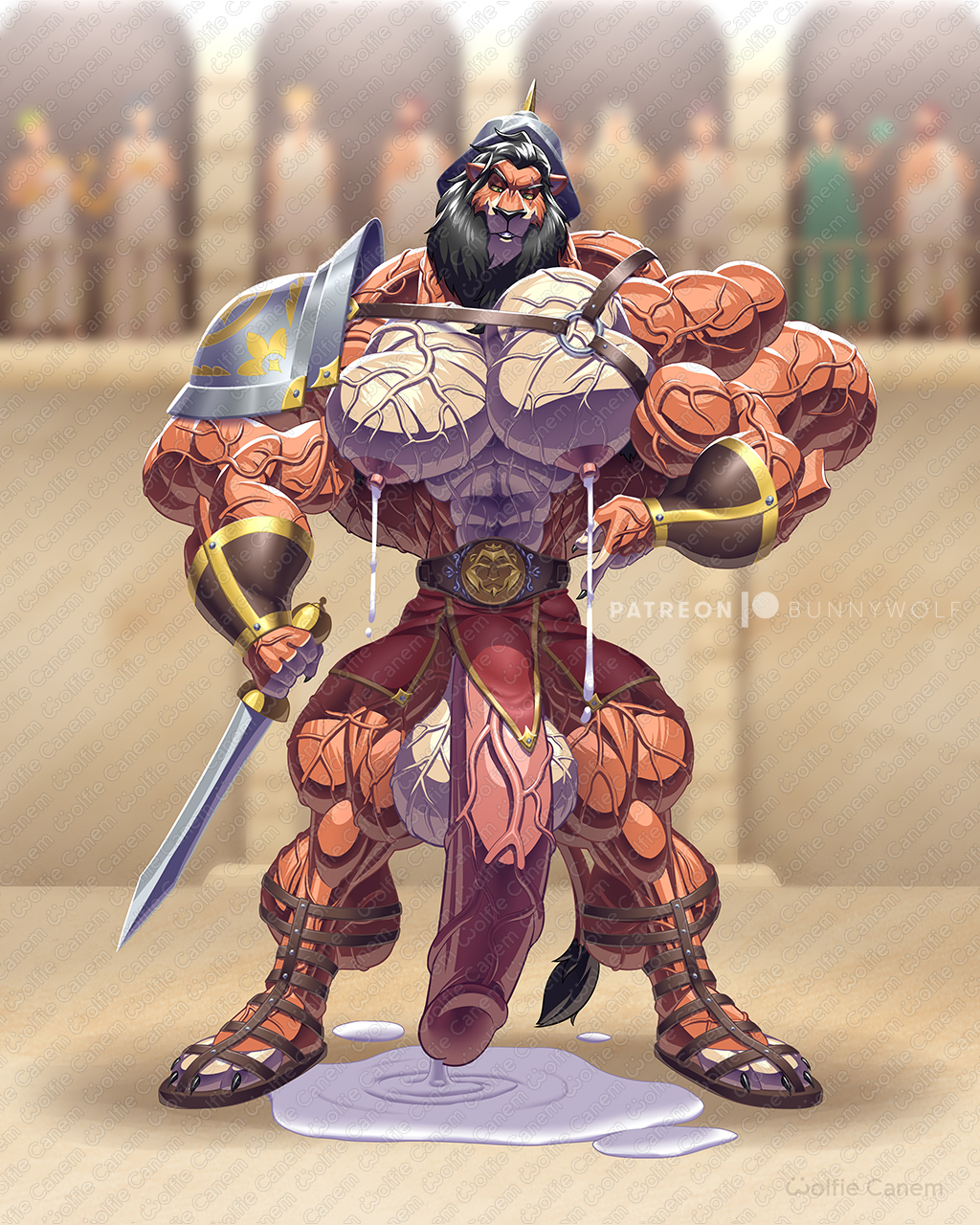 anthro balls big_balls big_muscles bodily_fluids disney felid genitals greek_armor hi_res huge_balls huge_muscles huge_thighs hyper hyper_balls hyper_biceps hyper_genitalia hyper_muscles hyper_thighs lactating lactating_cum lion male male_lactation male_only mammal muscular pantherine penis scar_(the_lion_king) solo the_lion_king thick_thighs vein veiny_muscles veiny_penis wolfiecanem