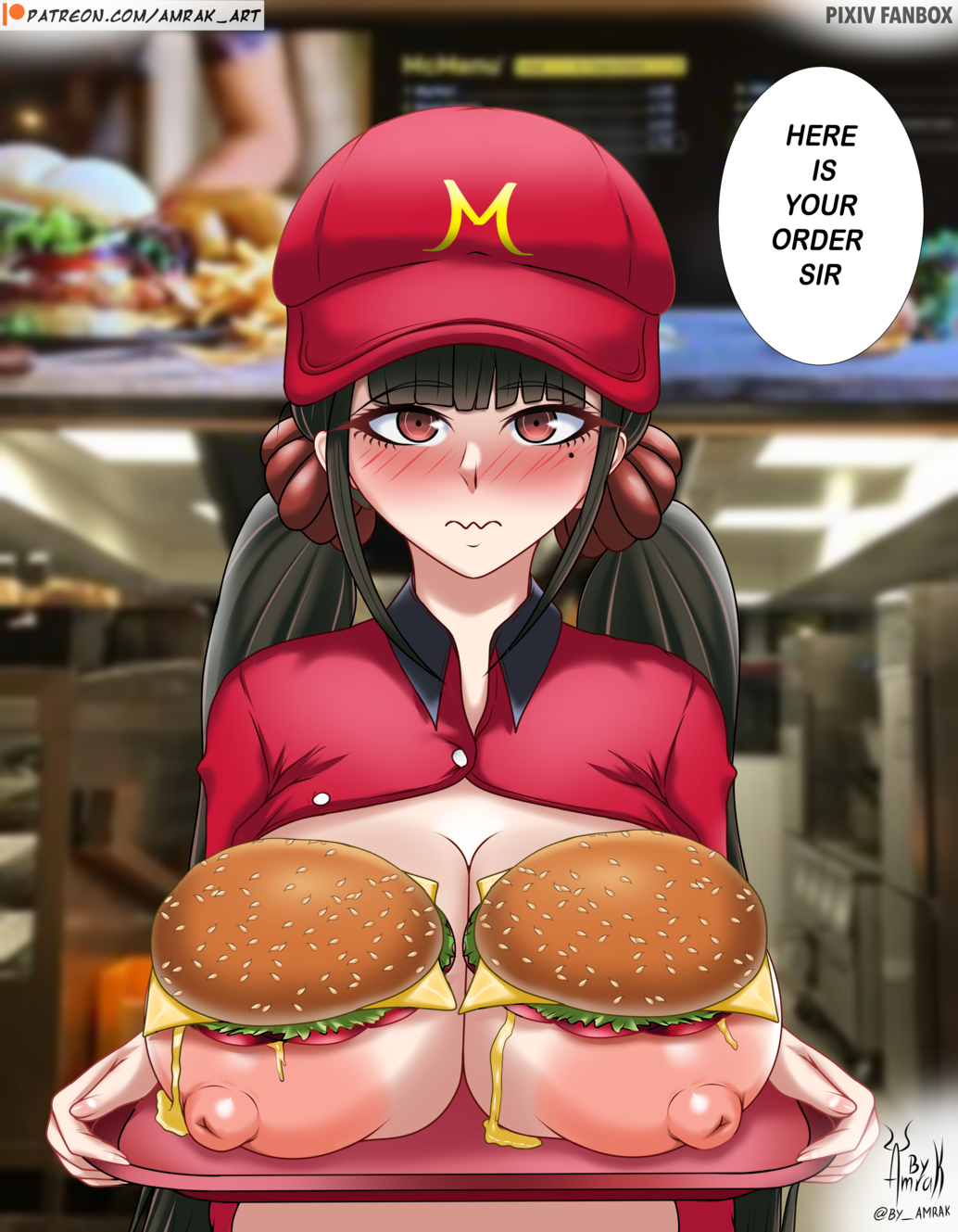 amrak big_eyes breasts breasts_on_tray burger busty cap danganronpa danganronpa_v3 danganronpa_v3:_killing_harmony embarrassed fast_food female female_focus female_only food food_on_body harukawa_maki huge_breasts large_breasts massive_breasts mcdonald's presenting_breasts top_heavy