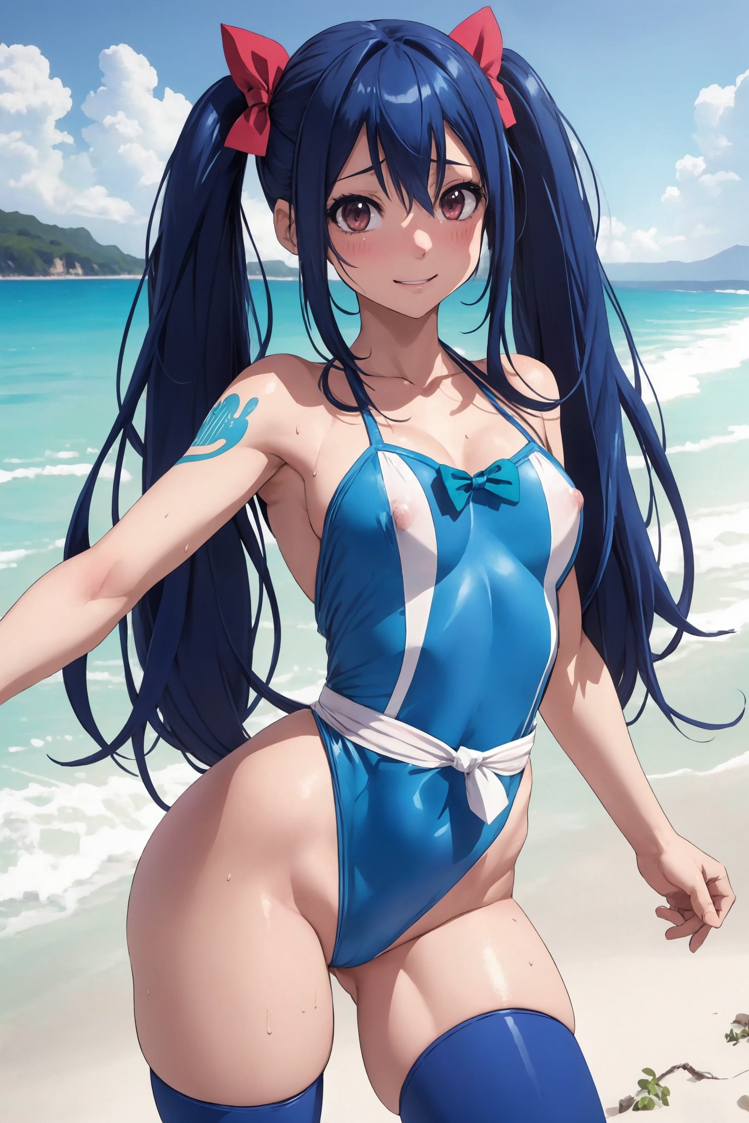 ai generated, beach, blue hair, breasts, fairy tail, female, female only, small breasts, solo, swimsuit, tagme, twintails, wendy marvell