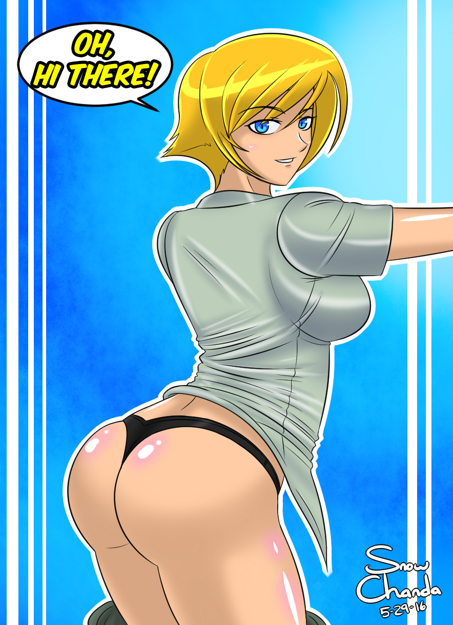 1girls ass_focus backboob black_panties blonde_hair blue_eyes collared_shirt dialogue greeting light-skinned_female looking_back medium_ass medium_breasts pants_down sera_(snowchanda) short_hair snowchanda_(artist) tagme thin_waist welcoming