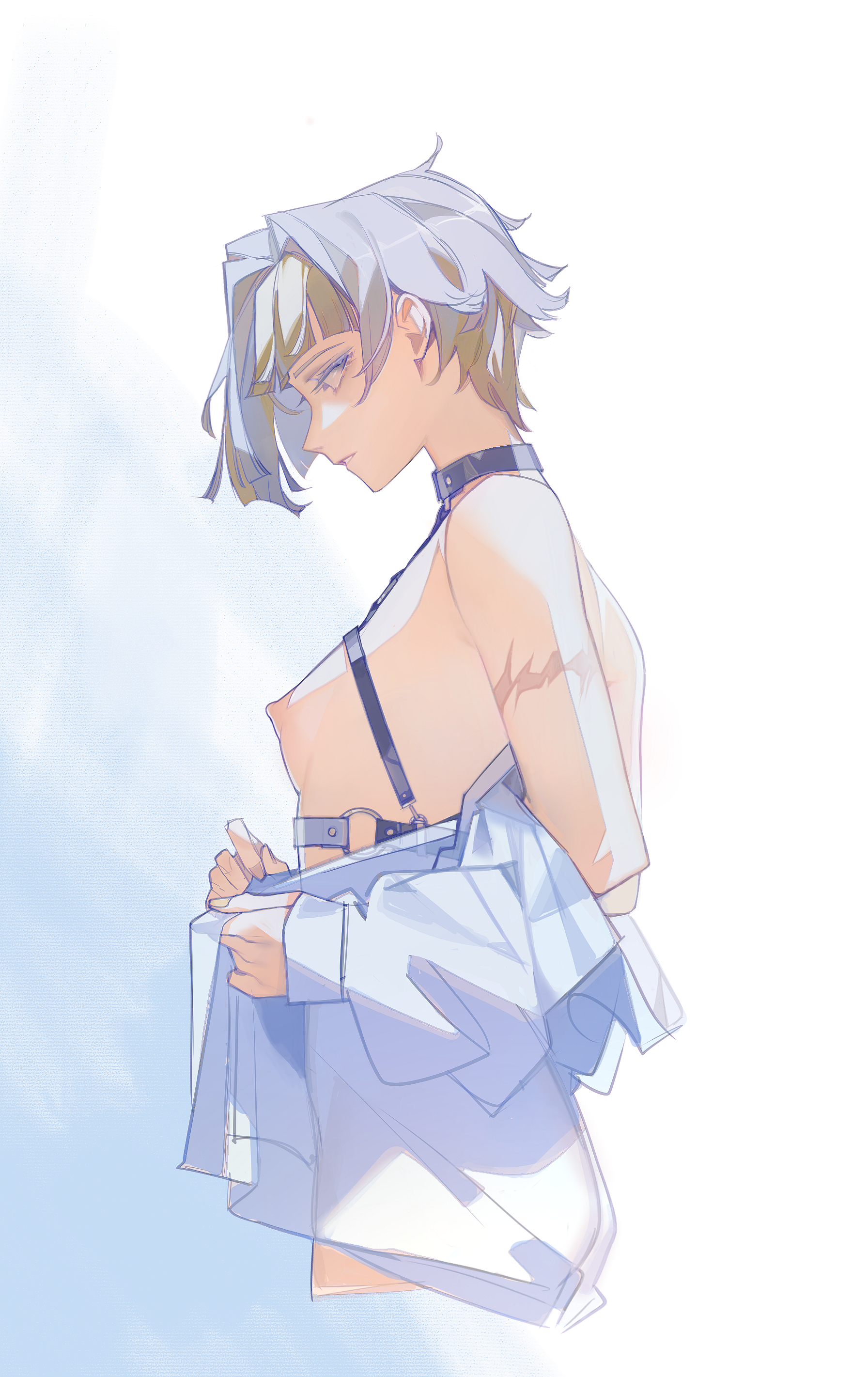 breasts, collar, female, female only, functionally nude, kromer (limbus company), limbus company, looking at breasts, looking down, multicolored hair, project moon, see-through, see-through shirt, senia xxx, small breasts, white hair, yellow eyes, yellow hair