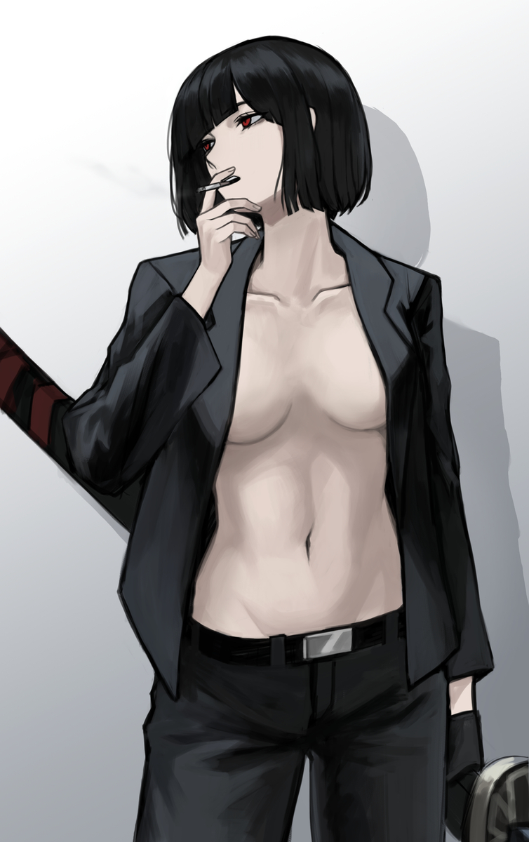 black gloves, black hair, black jacket, black pants, breasts, cigarette, clothed, female, female only, glove, half-dressed, jacket, limbus company, medium breasts, no bra, no shirt, pants, project moon, red eyes, ryoshu (limbus company), short hair, smoking, sword