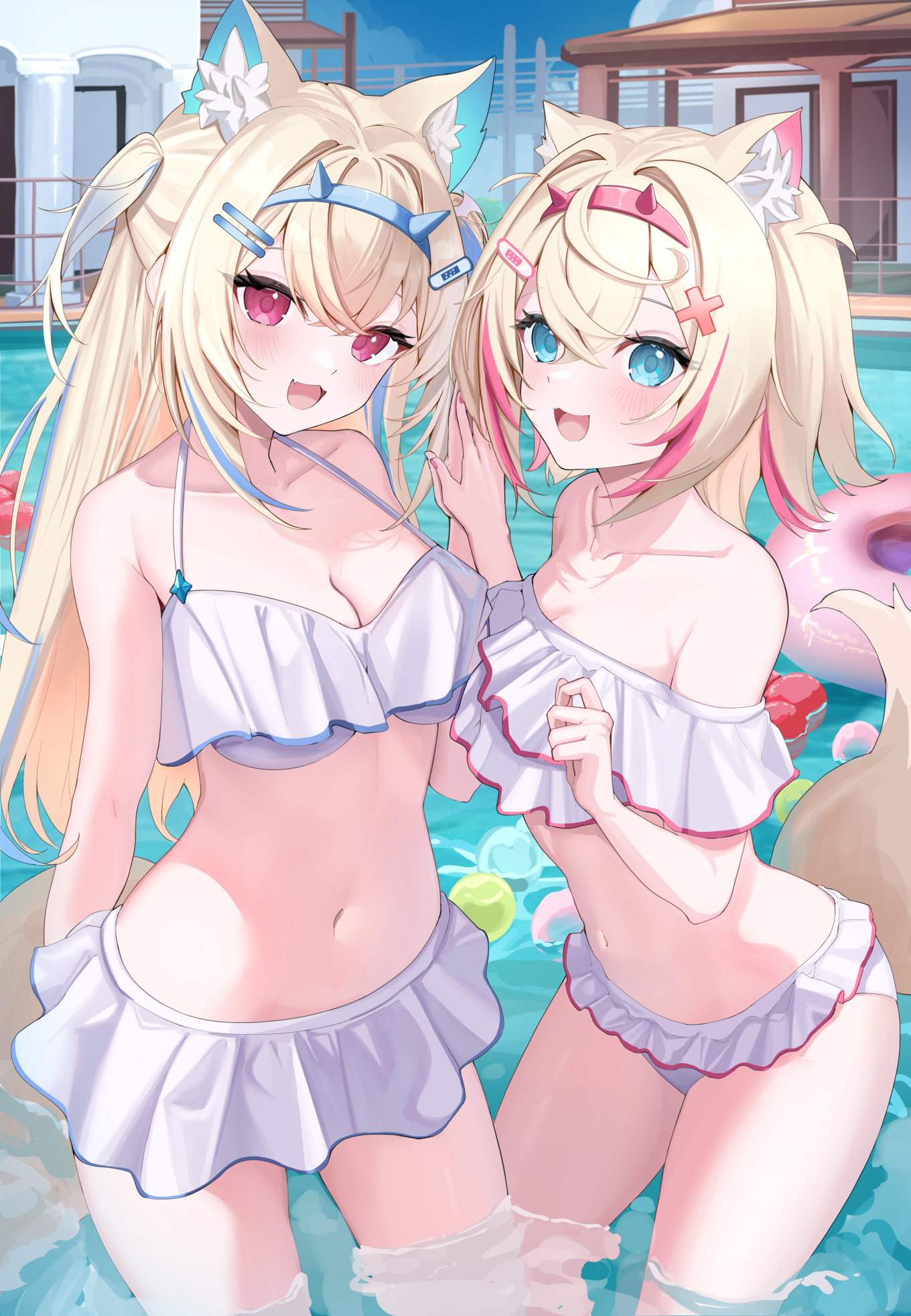 :3, :3d, 2girls, bikini, blonde hair, blue eyes, blue hair, breasts, cleavage, cute fang, dog ears, dog girl, female, female only, frilled bikini, frills, fuwamoco, fuwawa abyssgard, hololive, hololive english, hololive english -advent-, large breasts, long hair, looking at viewer, mococo abyssgard, navel, pink eyes, pink hair, short hair, siblings, sisters, small breasts, swimsuit, twins, virtual youtuber