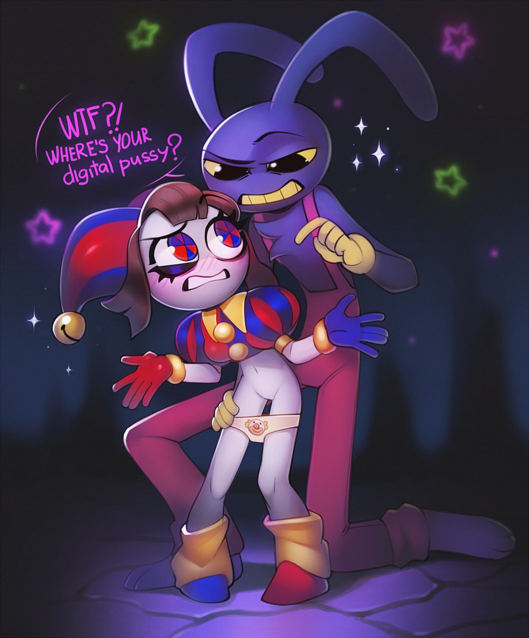 2023, 2d, 2d (artwork), 2d artwork, anthro, artist request, blush, brown hair, bunny, bunny ears, confused, confused look, confusion, dialogue, dialogue box, female, glitch productions, gloves, gooseworx, jax (the amazing digital circus), jester, jester cap, jester costume, jester girl, jester hat, jester outfit, looking at partner, male, no pussy, panties, pomni (the amazing digital circus), purple body, short hair, smaller female, the amazing digital circus, white body, yellow eyes, yellow mouth