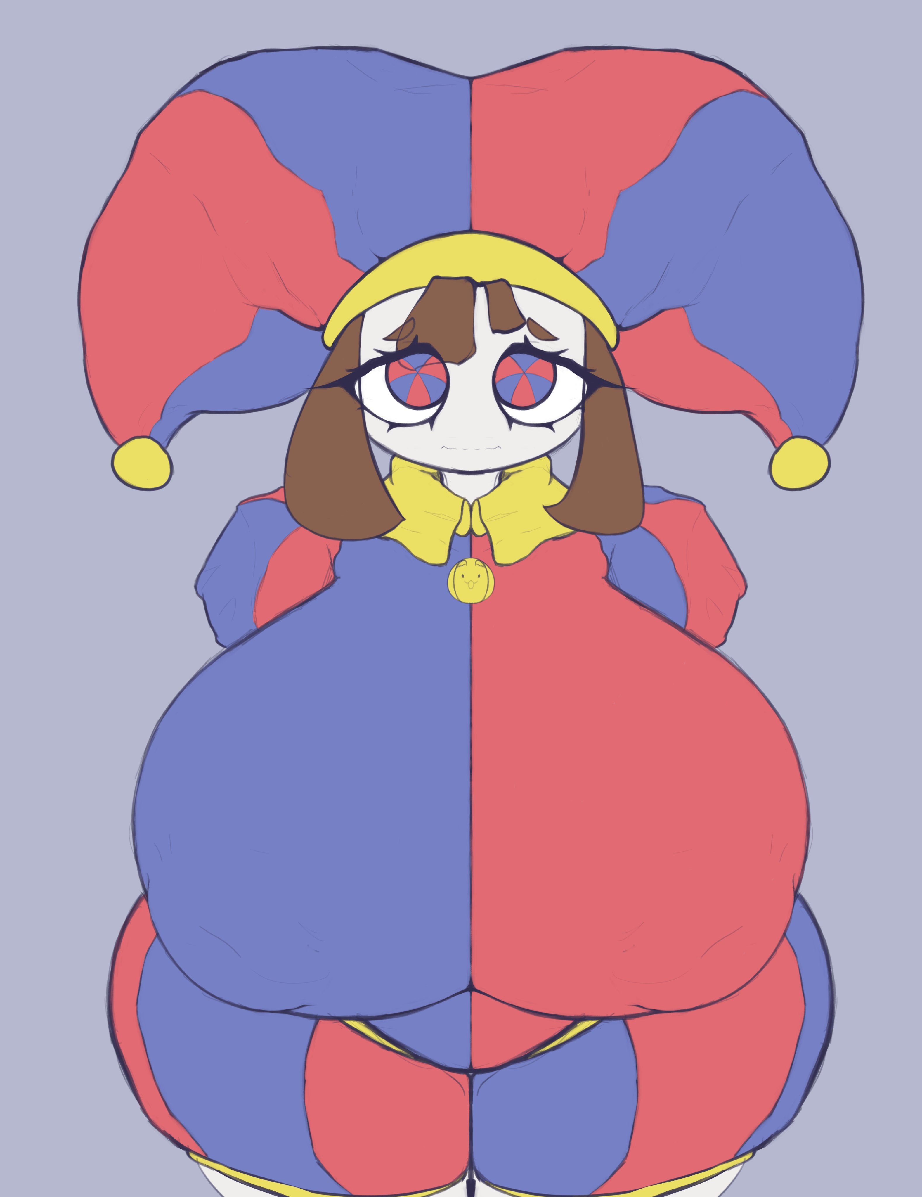2023, 2d, 2d (artwork), 2d artwork, big breasts, big thighs, breasts, brown hair, female, glitch productions, gloves, gooseworx, huge breasts, huge thighs, hyper breasts, jester, jester cap, jester costume, jester girl, jester hat, jester outfit, looking at viewer, mayumi beans, pomni (the amazing digital circus), short hair, the amazing digital circus, thick thighs, white body