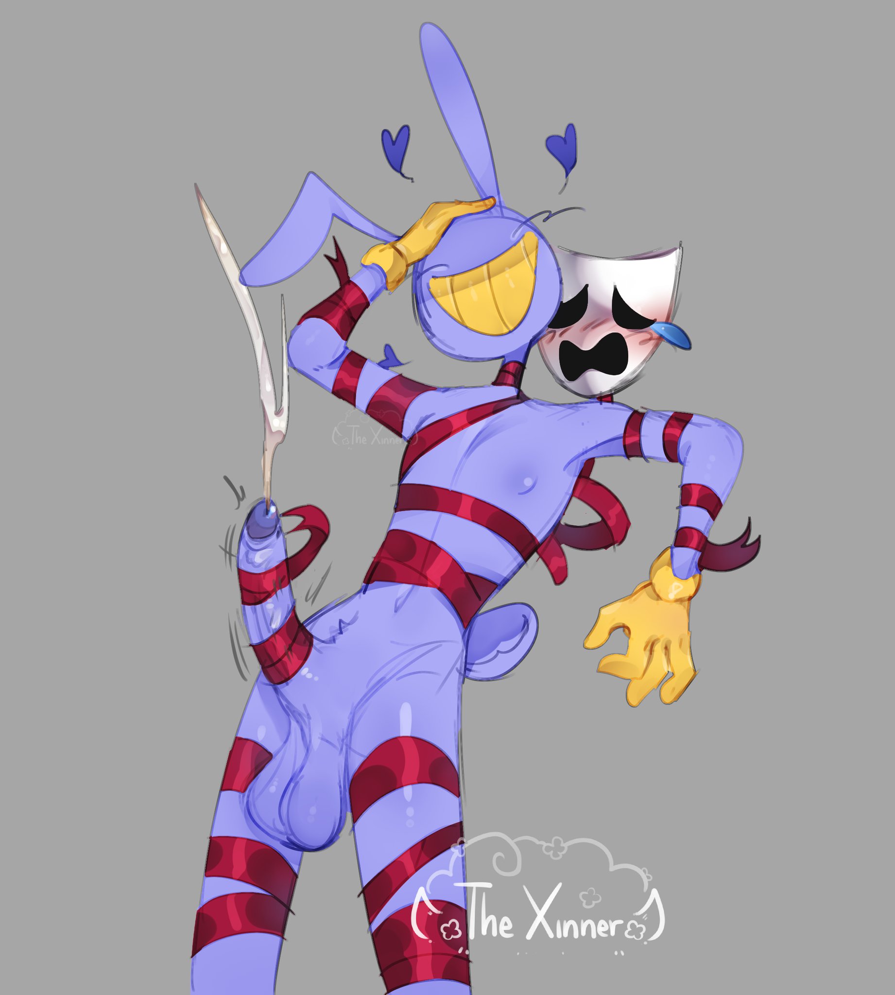 1boy, 1girls, anthro, artist request, balls, big penis, bunny, bunny ears, cumming, female, gangle (the amazing digital circus), glitch productions, gloves, jax (the amazing digital circus), male, male focus, mask, masked female, penis, purple body, red ribbon, ribbons, smile, smiling, straight, tagme, the amazing digital circus, yellow eyes, yellow mouth