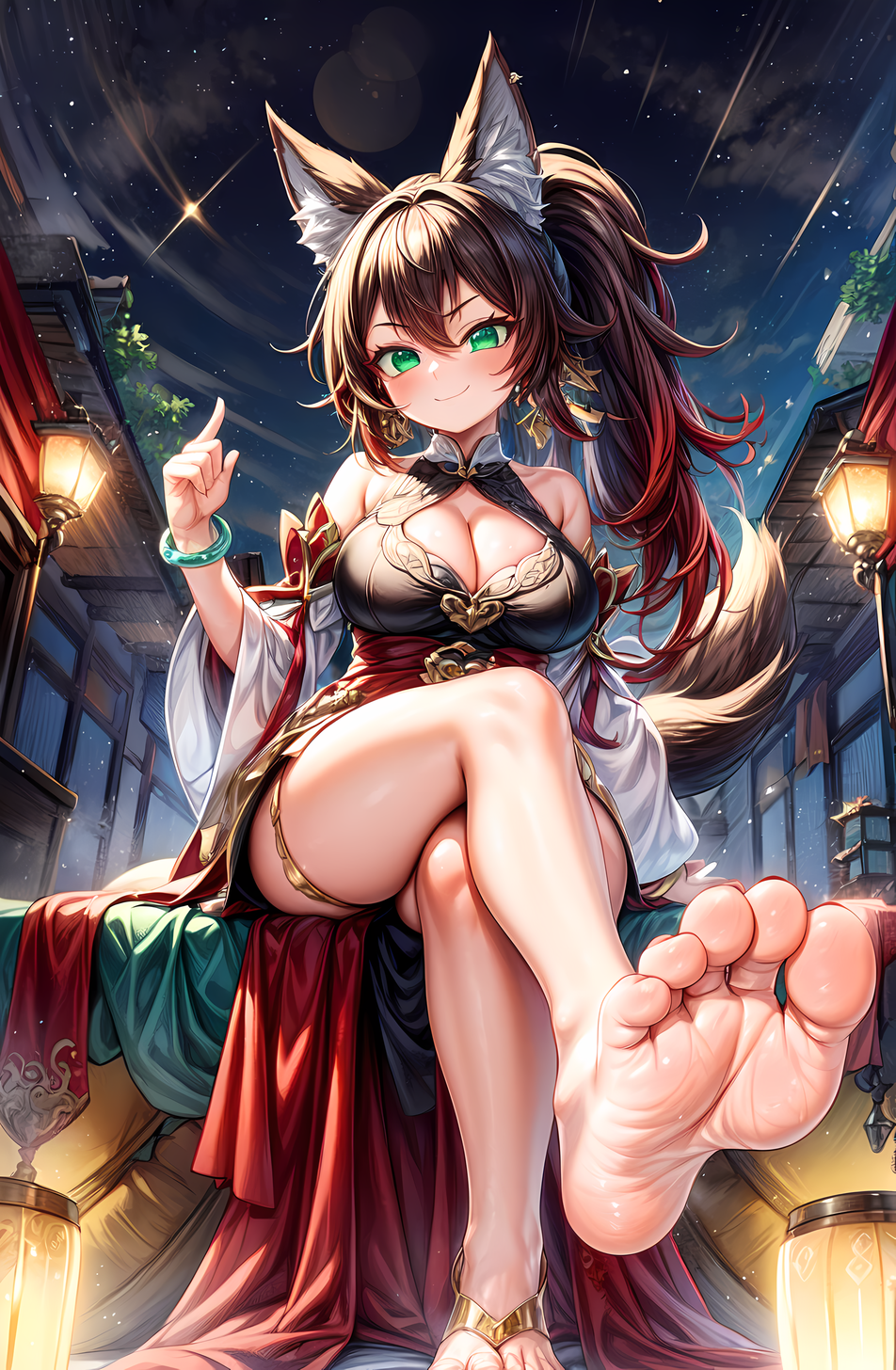 1girls 5_toes absurd_res absurdres ai_generated alternate_breast_size bare_legs barefoot blush brown_hair clothed crossed_legs feet female female_focus female_only foopanthia foot_fetish foot_focus from_below green_eyes hi_res high_resolution highres honkai:_star_rail honkai_(series) legs looking_at_viewer looking_down sitting smile sole_female soles solo solo_female solo_focus teasing thick_thighs thighs tingyun_(honkai:_star_rail) toes