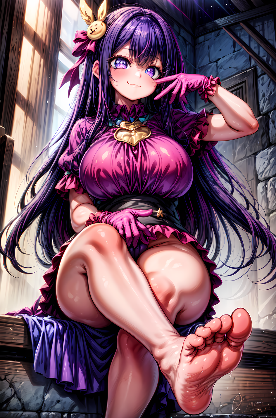 1girls 5_toes ai_generated alternate_breast_size bare_legs barefoot big_breasts blush clothed feet female female_focus female_only foopanthia foot_fetish foot_focus hoshino_ai huge_breasts legs long_hair looking_at_viewer oshi_no_ko purple_eyes purple_hair sitting smile sole_female soles solo solo_female solo_focus teasing thick_thighs thighs toes