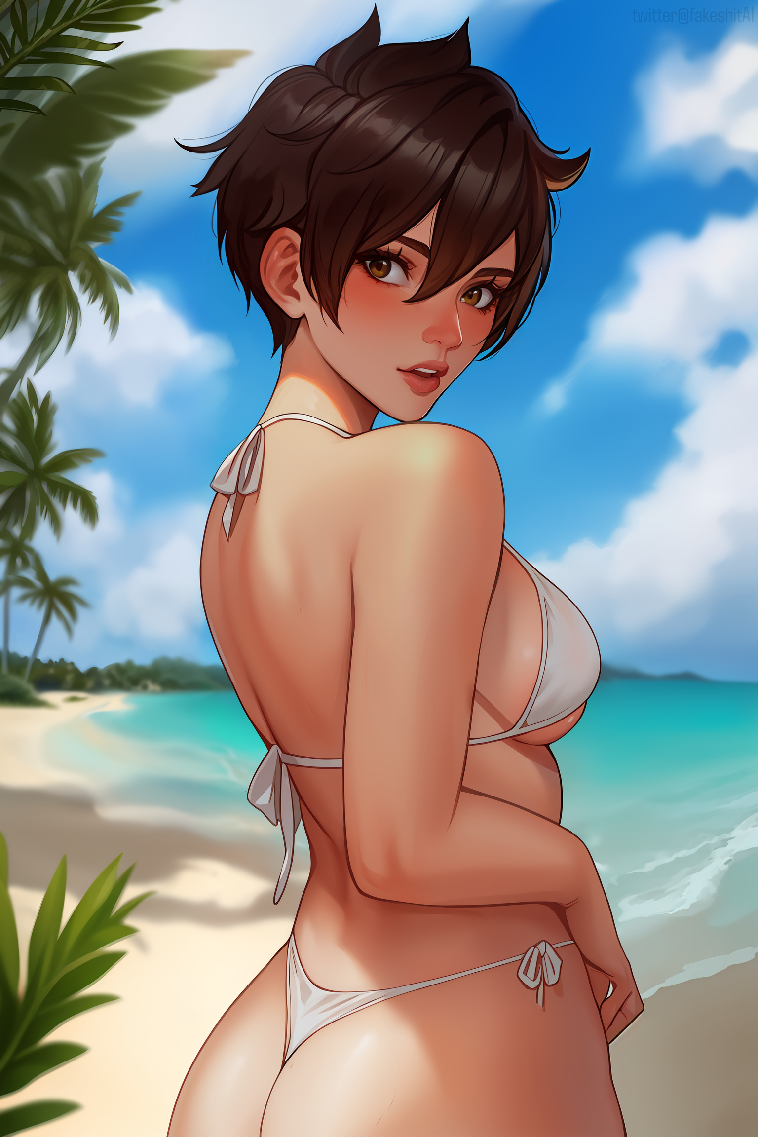 1girls, 2d, ai generated, ass, beach, bikini, blizzard entertainment, blush, brown eyes, brown hair, clouds, fakeshit, female, from behind, lena oxton, light skin, light-skinned female, looking back, overwatch, overwatch 2, solo, solo focus, spiky hair, standing, sunny, tracer, water