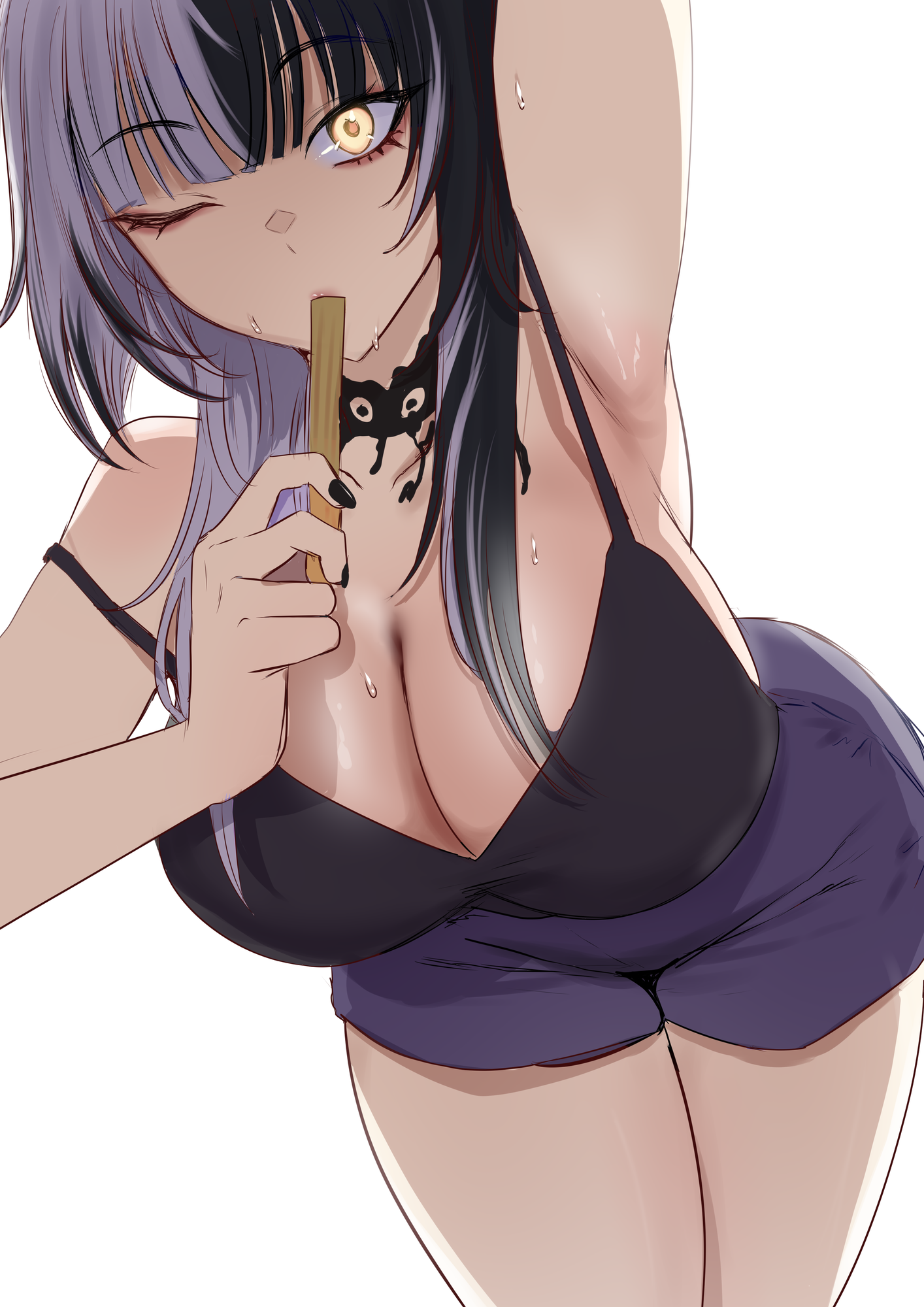 1girls, breasts, cleavage, female, hi res, hololive, hololive english, hololive english -advent-, huge breasts, light skin, light-skinned female, lingerie, long hair, redi (rasec asdjh), shiori novella, sweat, sweaty body, two-tone hair, virtual youtuber, yellow eyes