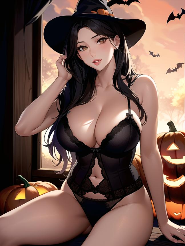 1girls ai_generated ai_mirror arm_up bat belly_button big_breasts black_hair blush bodysuit brown_eyes hand_holding_hair jack-o'-lantern long_hair looking_at_viewer pumpkin thick_lips thick_thighs white_skin window witch witch_hat