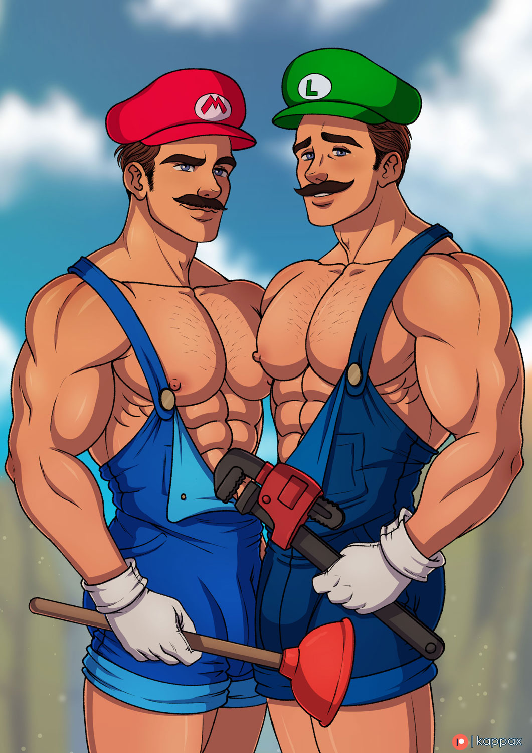 2boys abs biceps blue_eyes brother brother/brother brothers brown_hair chest gay gloves half-dressed half_naked hat kappax luigi male male/male male_only mario mario_(series) moustache muscle muscles muscular muscular_arms muscular_ass muscular_back muscular_legs muscular_male muscular_thighs nipples overalls pecs pectorals plumber thick_eyebrows triceps wavy_hair