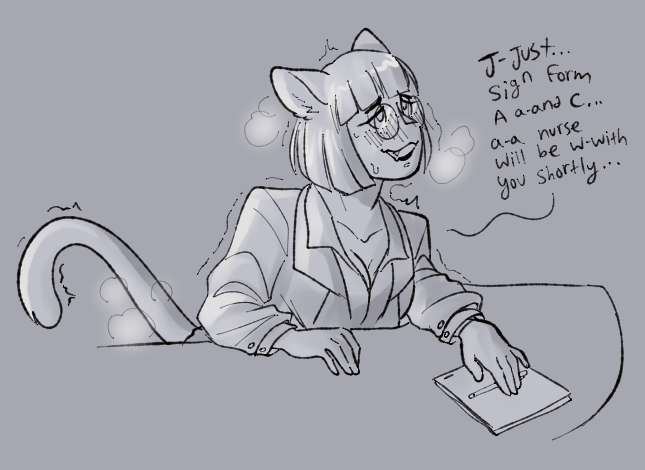 1girls animal_ears anthro anya_(ashtrayguts) ashtrayguts catgirl dialogue female furry glasses office_lady omorashi public public_indecency scat_desperation suit suit_jacket tail