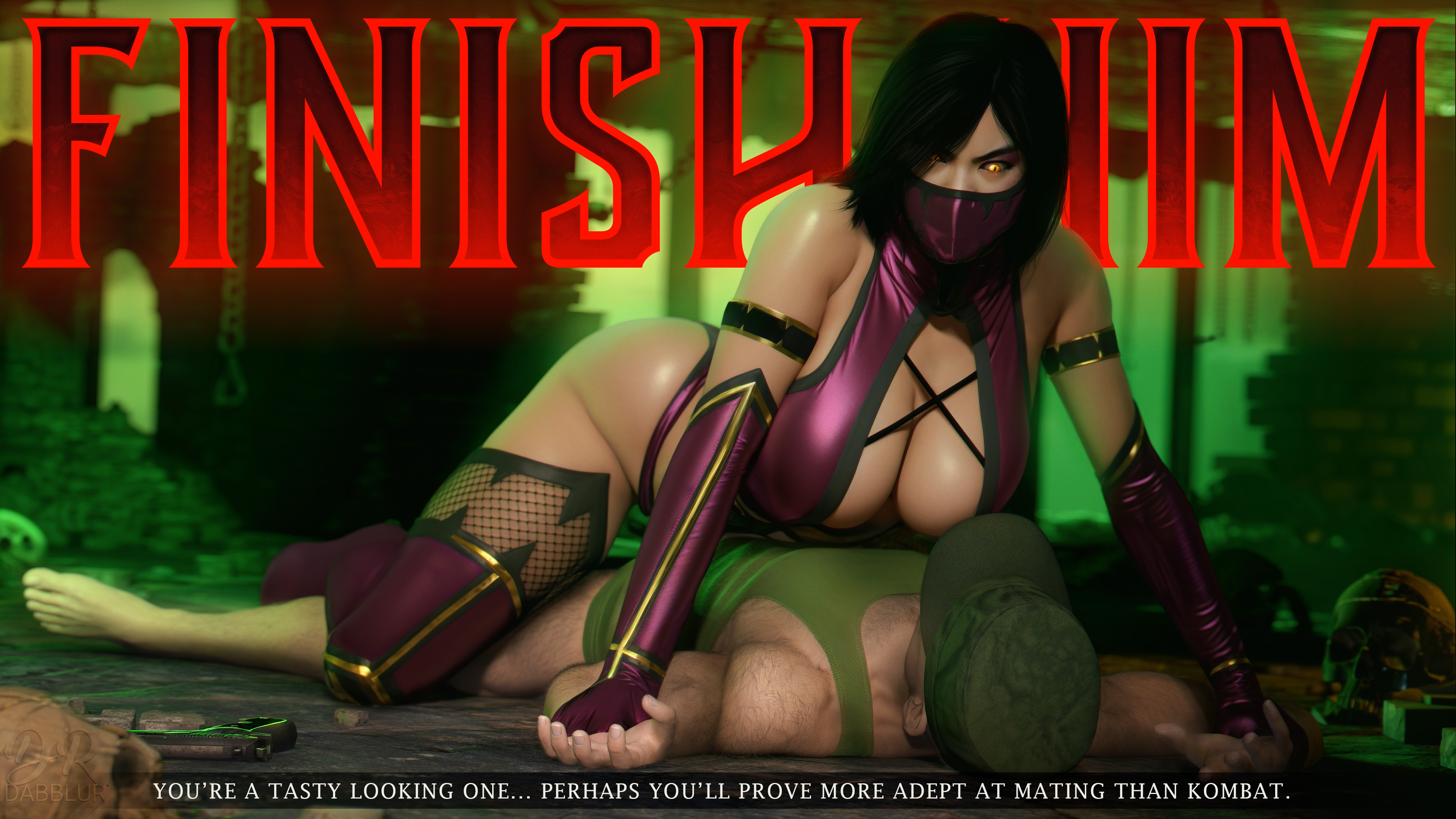 1boy, 1girls, clothed female, dominant female, drdabblur, female, male, masked female, mileena, mileena (mk9), mortal kombat, mortal kombat (2011), unseen male face