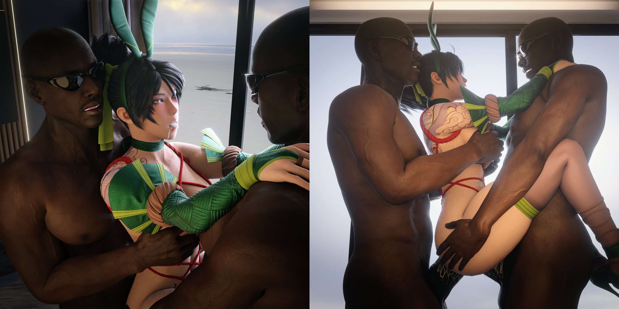 3d, akali, big breasts, big penis, blender (software), bondage, breasts, bunny ears, dark skin, dark-skinned male, double penetration, female, interracial, league of legends, male, penis, pierced belly button, pierced nipples, piercing, piercings, qos, queen of spades, sssin2160, tattoo, tattoos