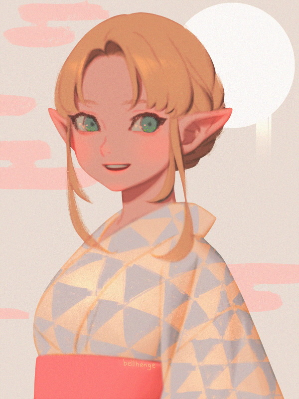 alternate_hairstyle artist_name bellhenge blonde_hair blue_eyes blue_kimono crown_braid female japanese_clothes kimono looking_to_the_side open_mouth pointy_ears princess_zelda print_kimono smile super_smash_bros. teeth the_legend_of_zelda the_legend_of_zelda:_a_link_between_worlds upper_body upper_teeth_only yellow_kimono yukata zelda_(a_link_between_worlds)