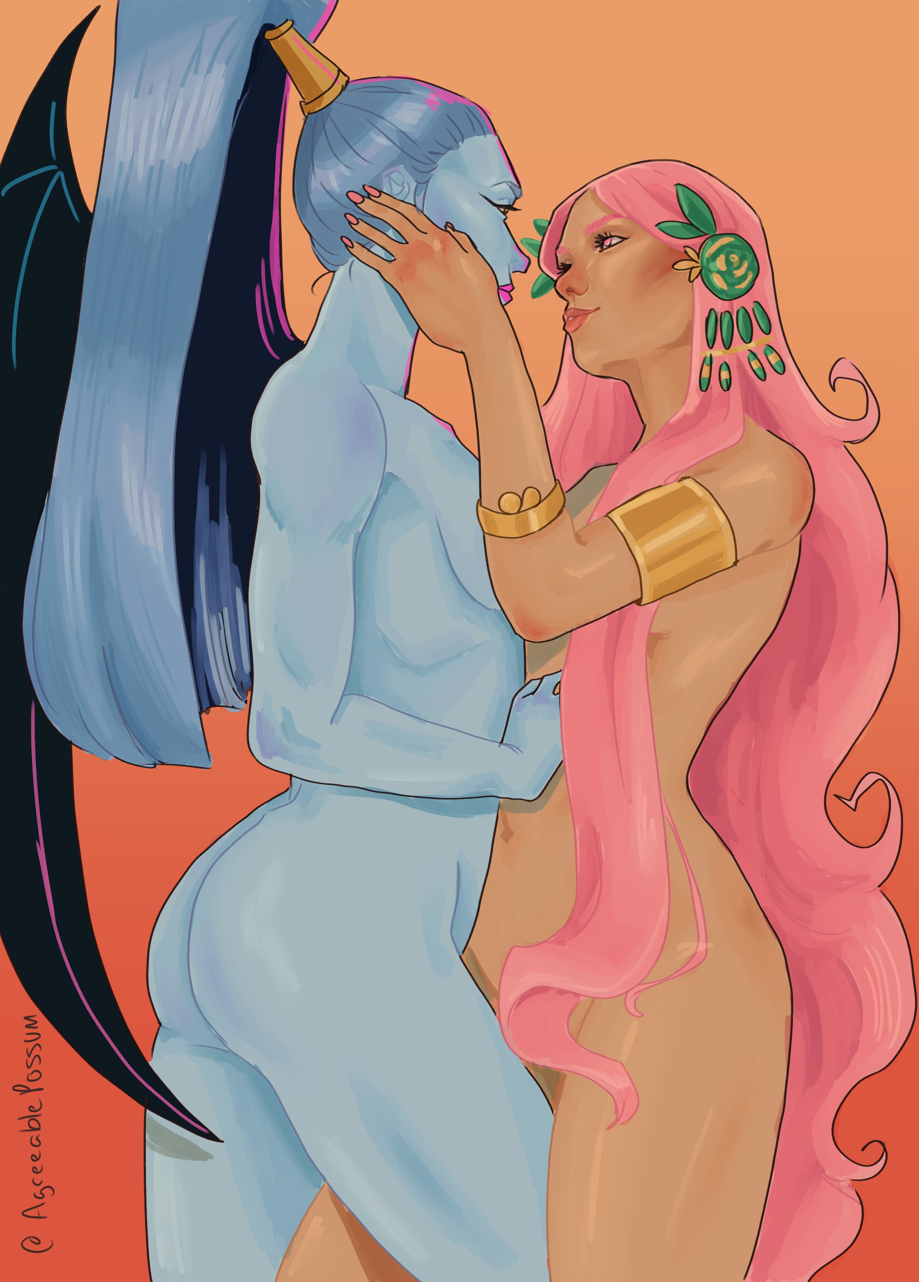 2girls, agreeablepossum, aphrodite, aphrodite (hades), convenient censoring, divine slut, female, female only, goddess, hades (game), megaera (hades), nude, very long hair, yuri